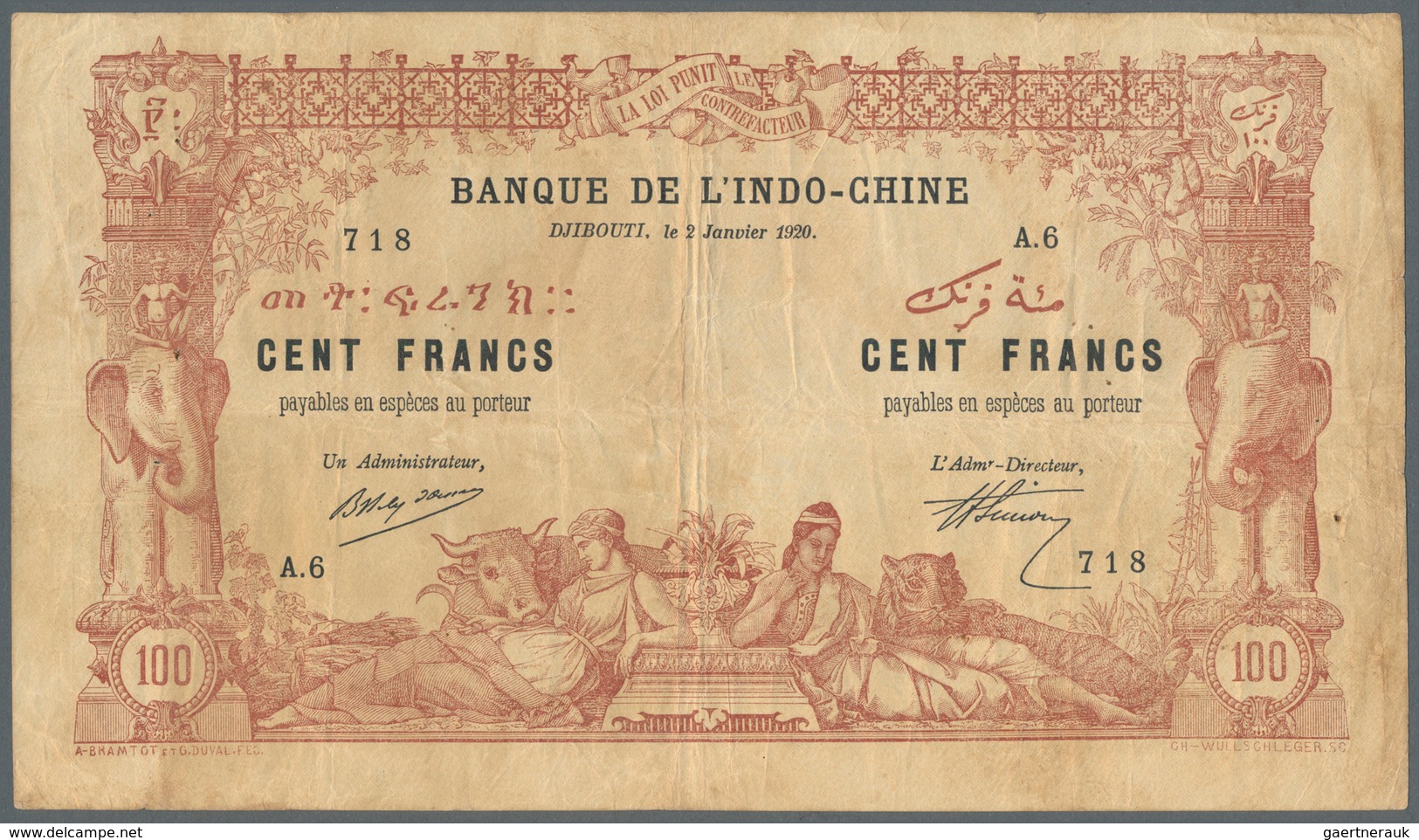 01360 Djibouti / Dschibuti: 100 Francs 1920 Banque De L'Indochine P. 4, Used With Folds And Creases, Only - Djibouti