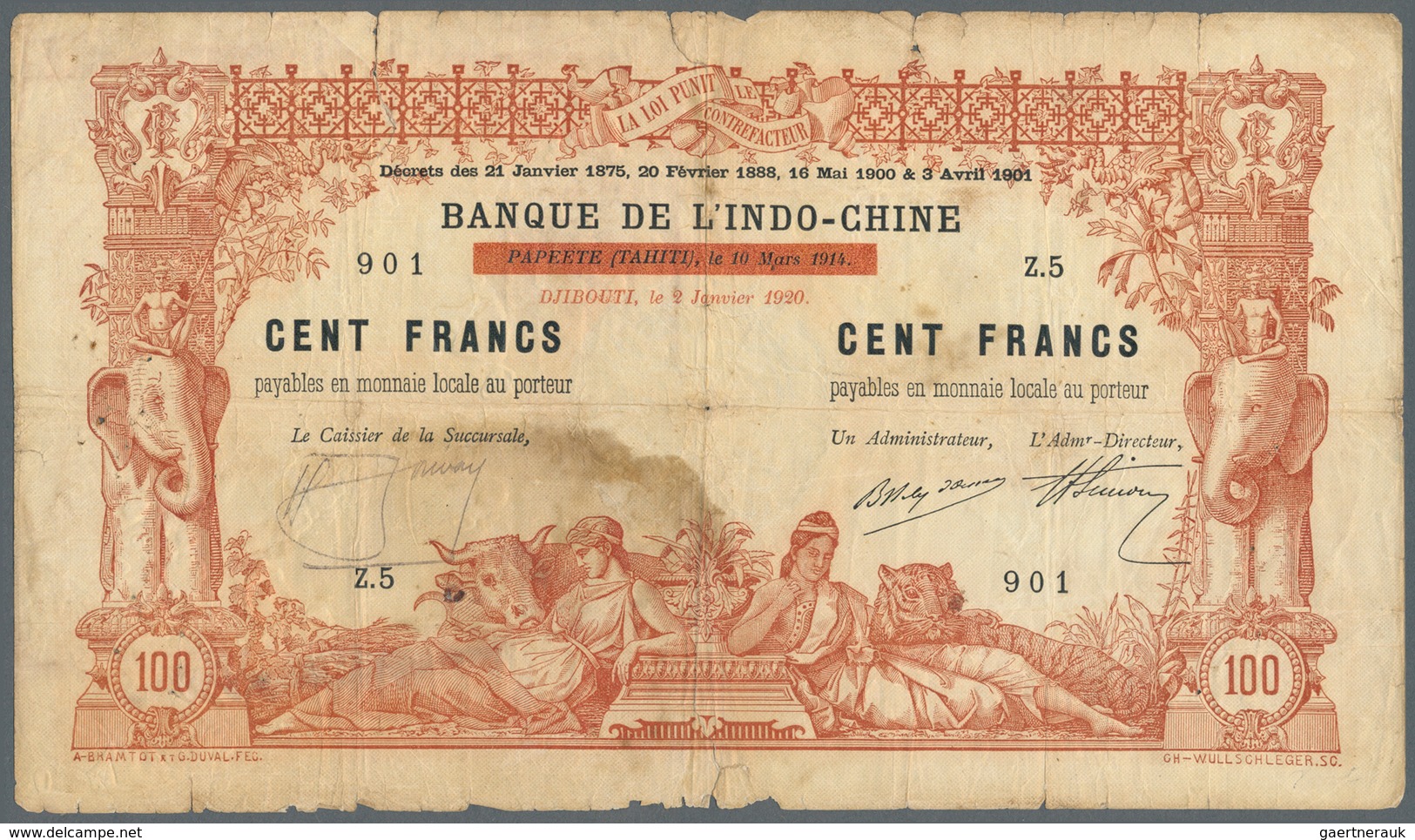 01361 Djibouti / Dschibuti: 100 Francs 1920 On Banque De L'Indochine 1914 P. 4a, A Bit Stronger Used With - Gibuti