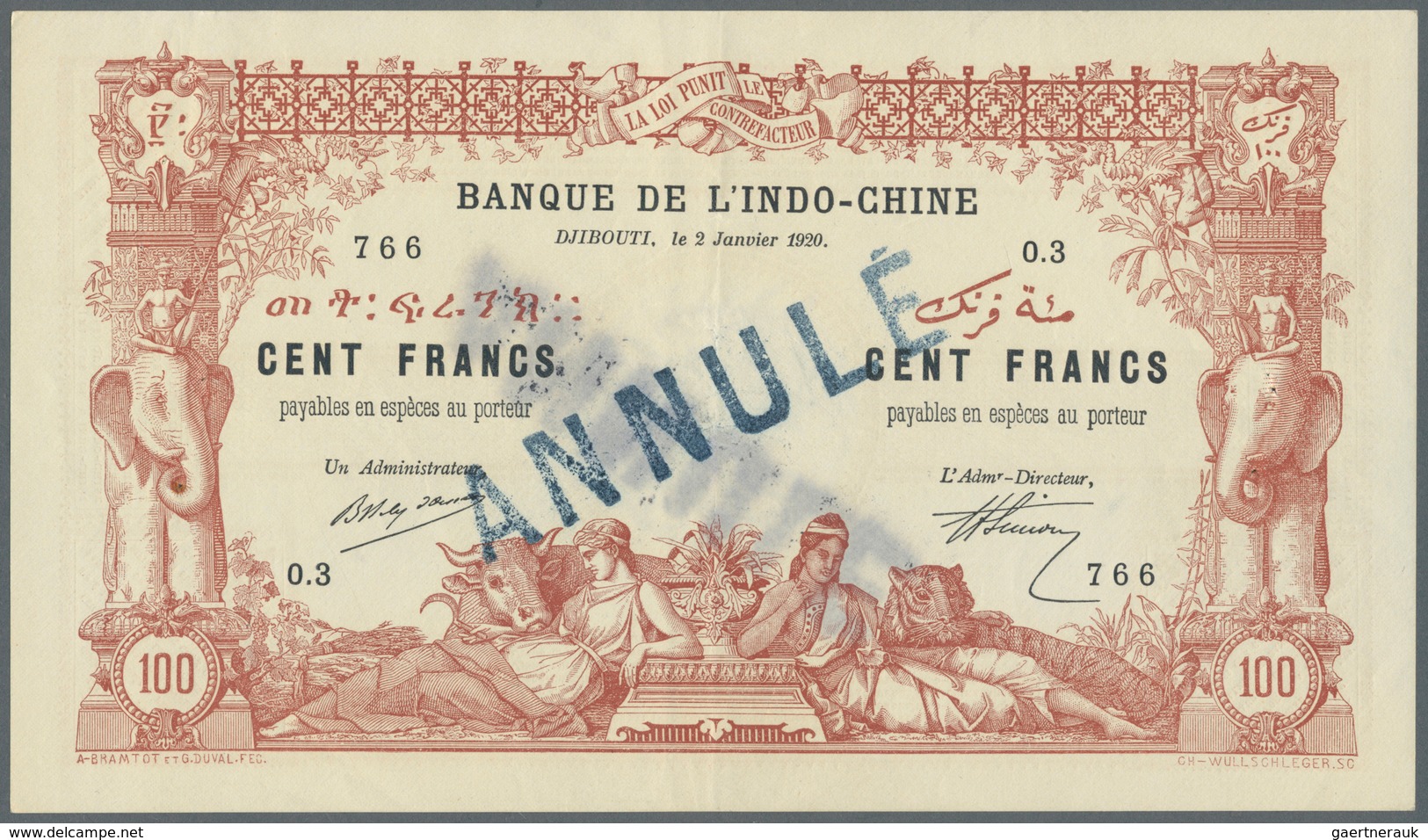 01362 Djibouti / Dschibuti: 100 Francs 1920 Banque De L'Indochine P. 5 With "Annule" Stamp On Front And Ba - Gibuti