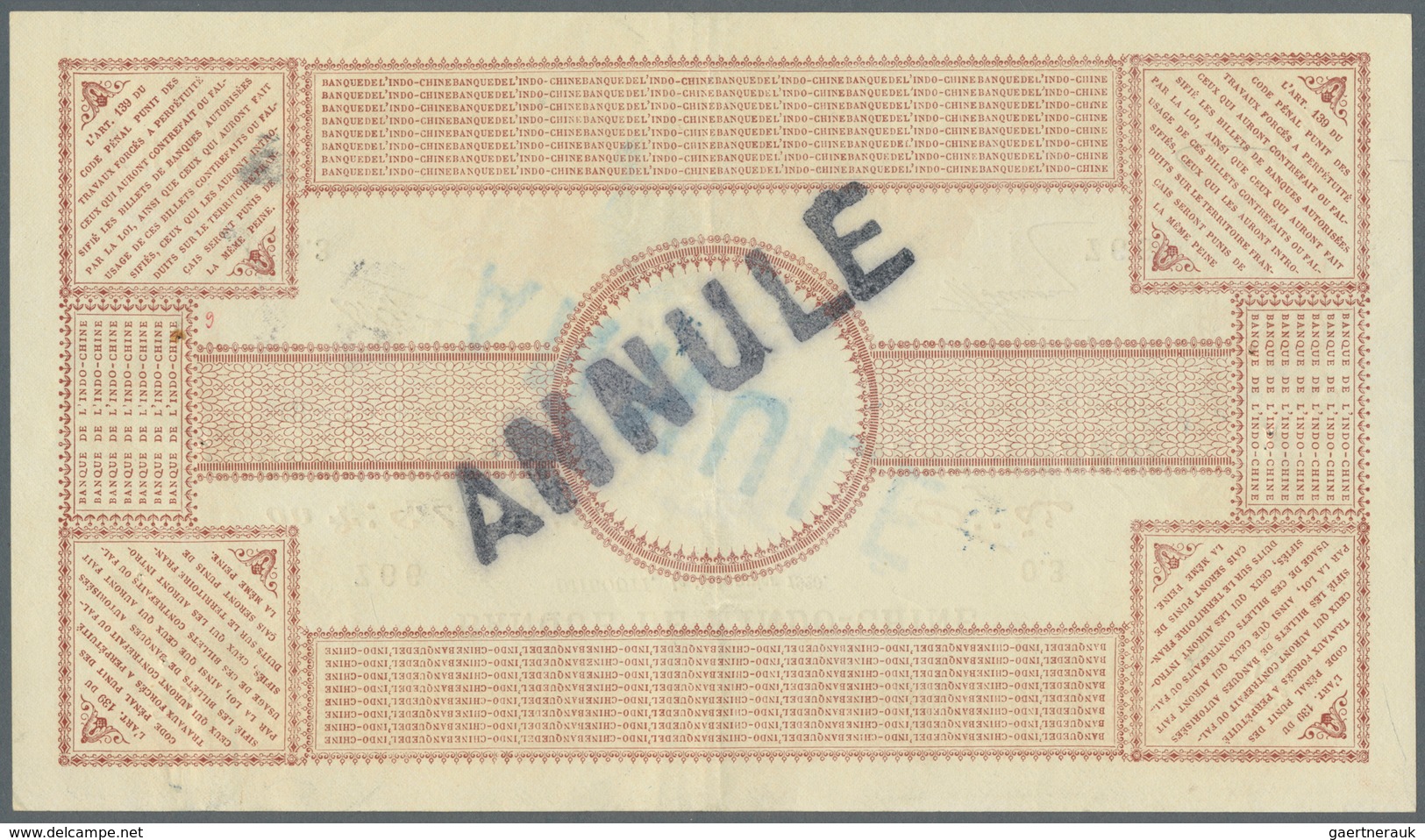 01362 Djibouti / Dschibuti: 100 Francs 1920 Banque De L'Indochine P. 5 With "Annule" Stamp On Front And Ba - Gibuti