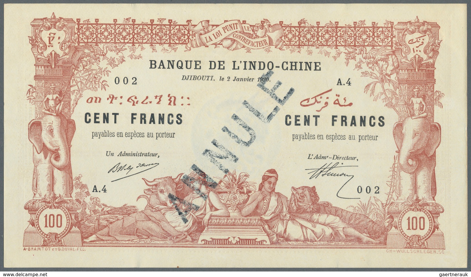 01363 Djibouti / Dschibuti: 100 Francs 1920 Banque De L'Indochine With Stamp "Annule" P. 5(s), Highly Rare - Gibuti