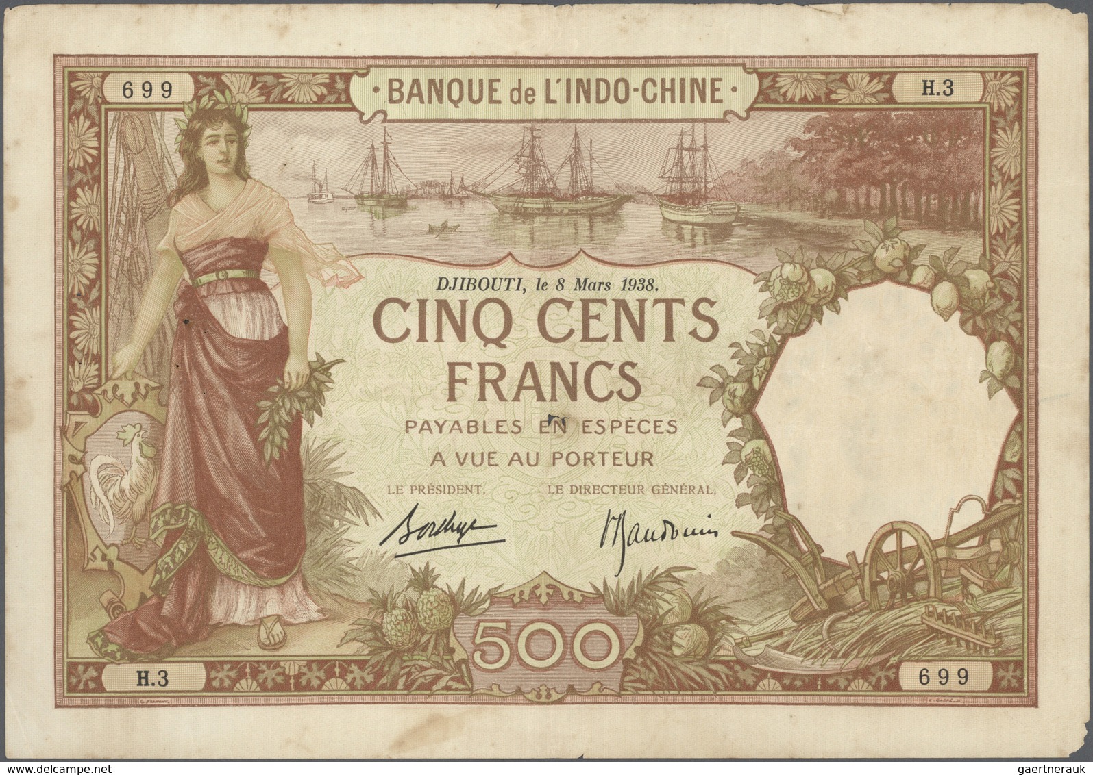 01364 Djibouti / Dschibuti: Banque De L'Indo-Chine 500 Francs March 8th 1938, P.9b, Still Great Condition - Gibuti