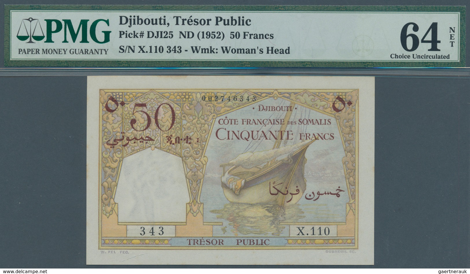 01366 Djibouti / Dschibuti: 50 Francs 1952 P. 25 In Condition: PMG Graded 64 Choice UNC NET. - Djibouti