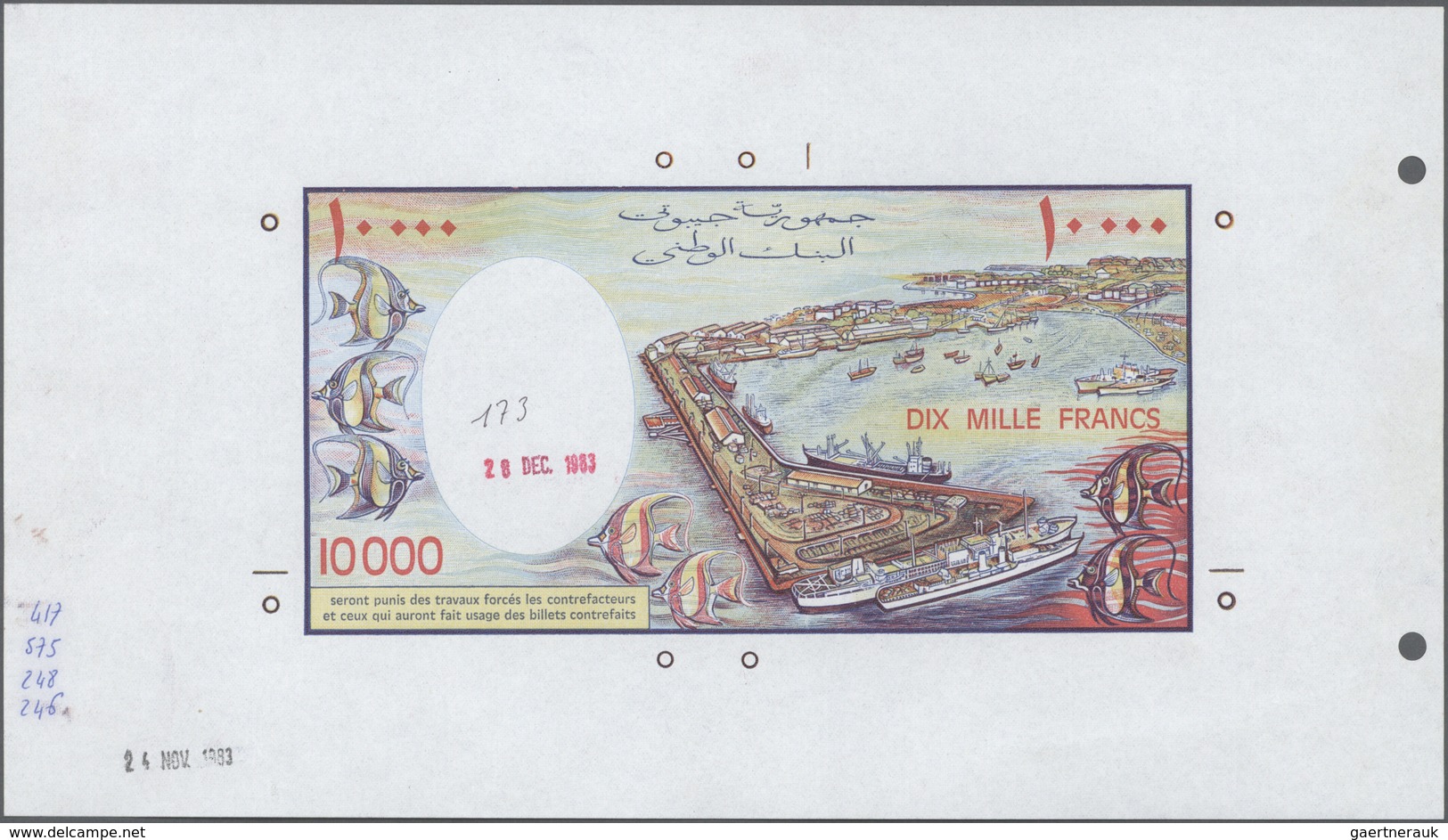 01374 Djibouti / Dschibuti: Highly Rare Archival Back Proof Print Of The Banque De France For The 10.000 F - Gibuti