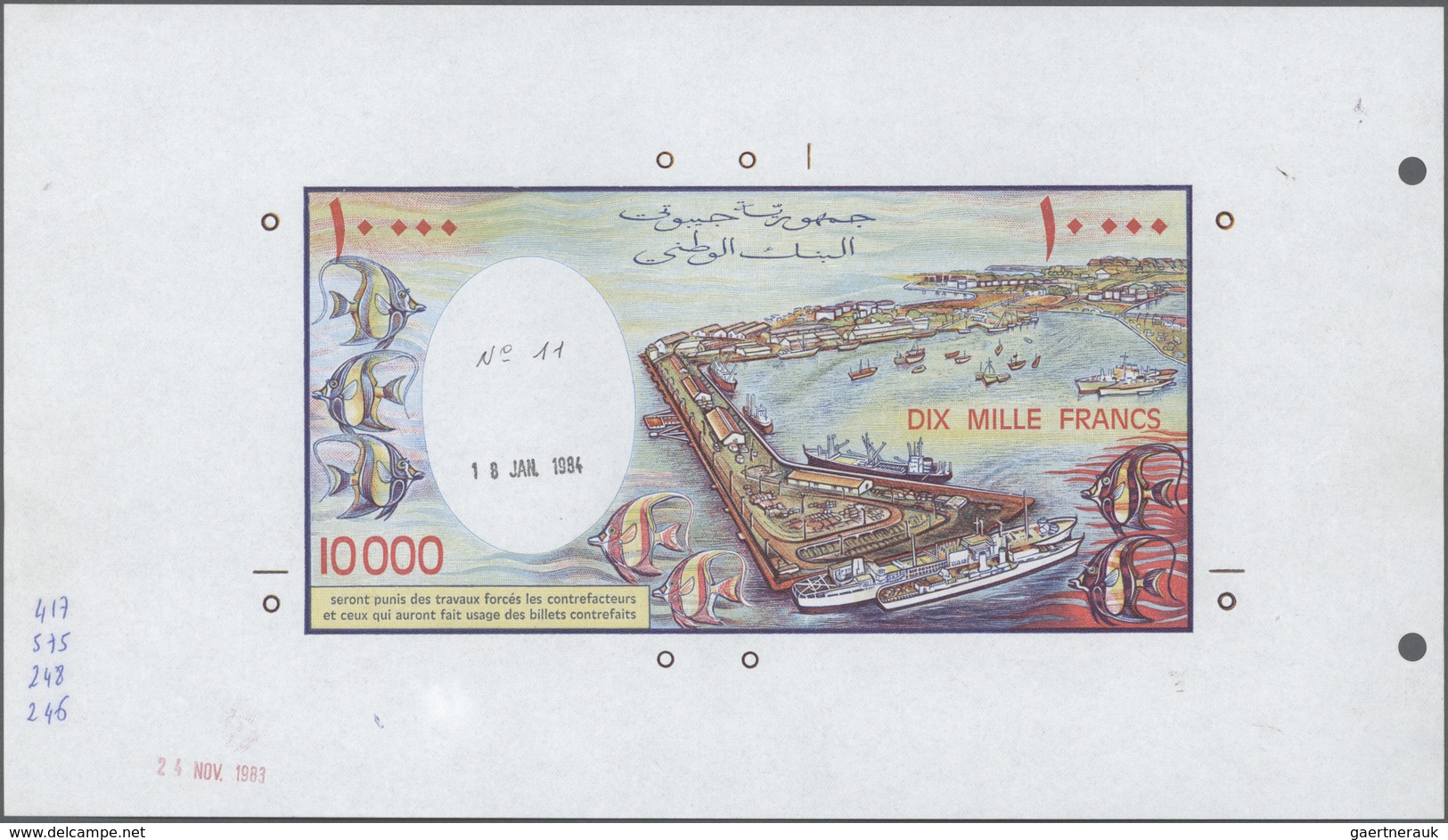 01375 Djibouti / Dschibuti: Highly Rare Archival Back Proof Print Of The Banque De France For The 10.000 F - Djibouti