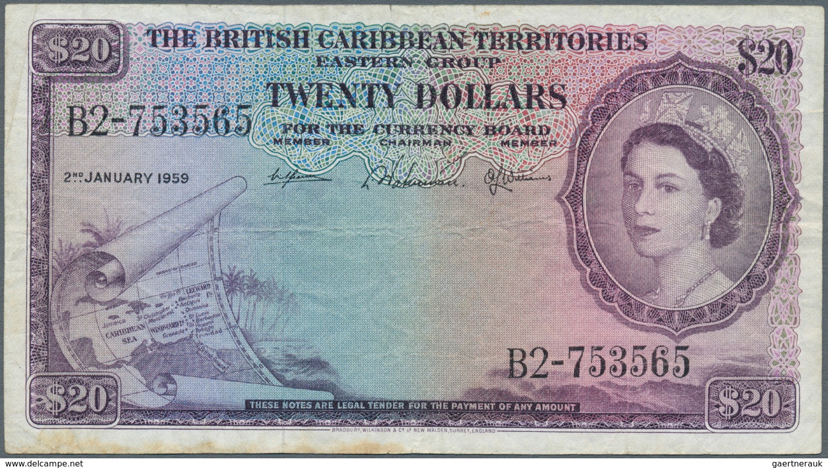 01389 East Caribbean States / Ostkaribische Staaten: 20 Dollars 1959 P. 11, Used With Folds And Creases, N - East Carribeans