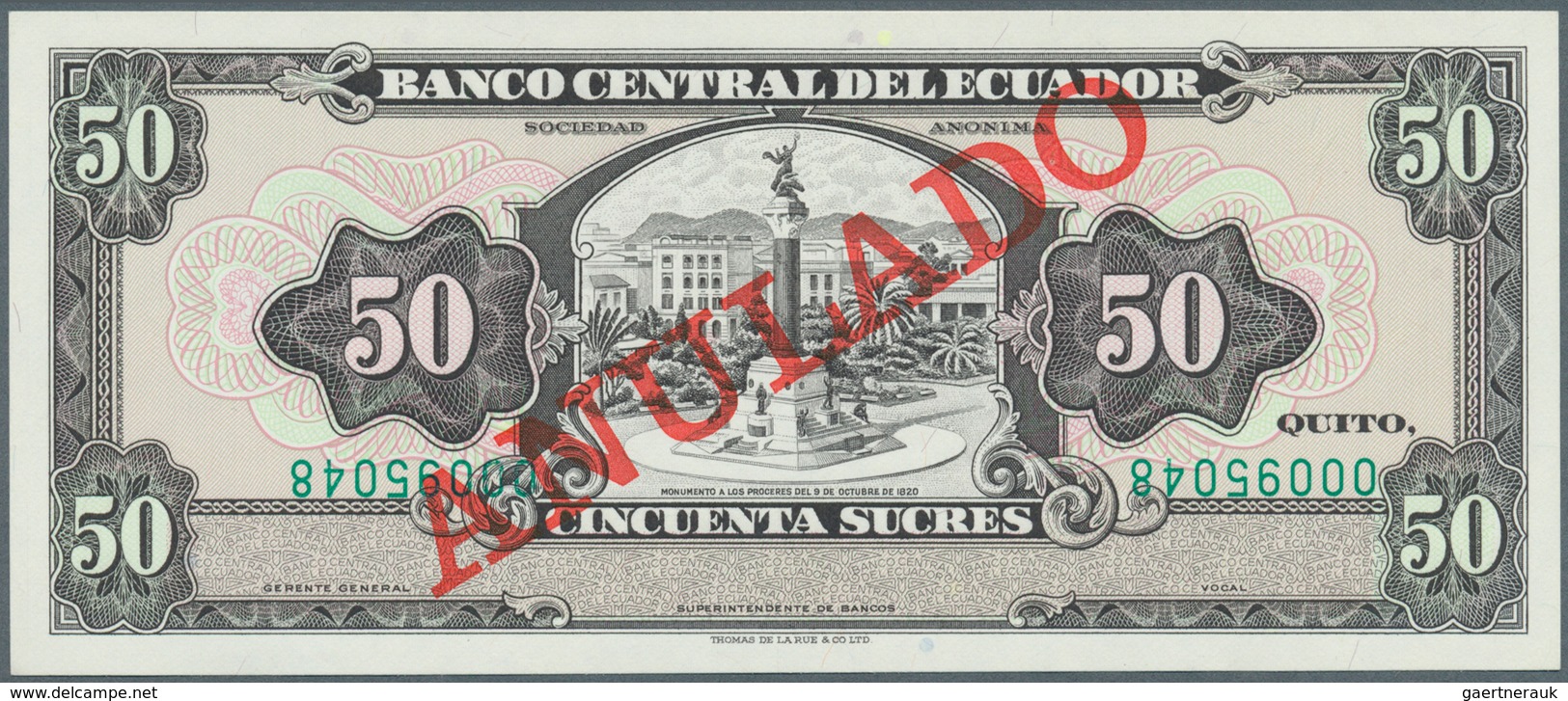 01391 Ecuador: 50 Sucres ND Specimen P. 122s, Interesting Item With Red Ovtp. ANNULADO And Serial Numbers - Ecuador