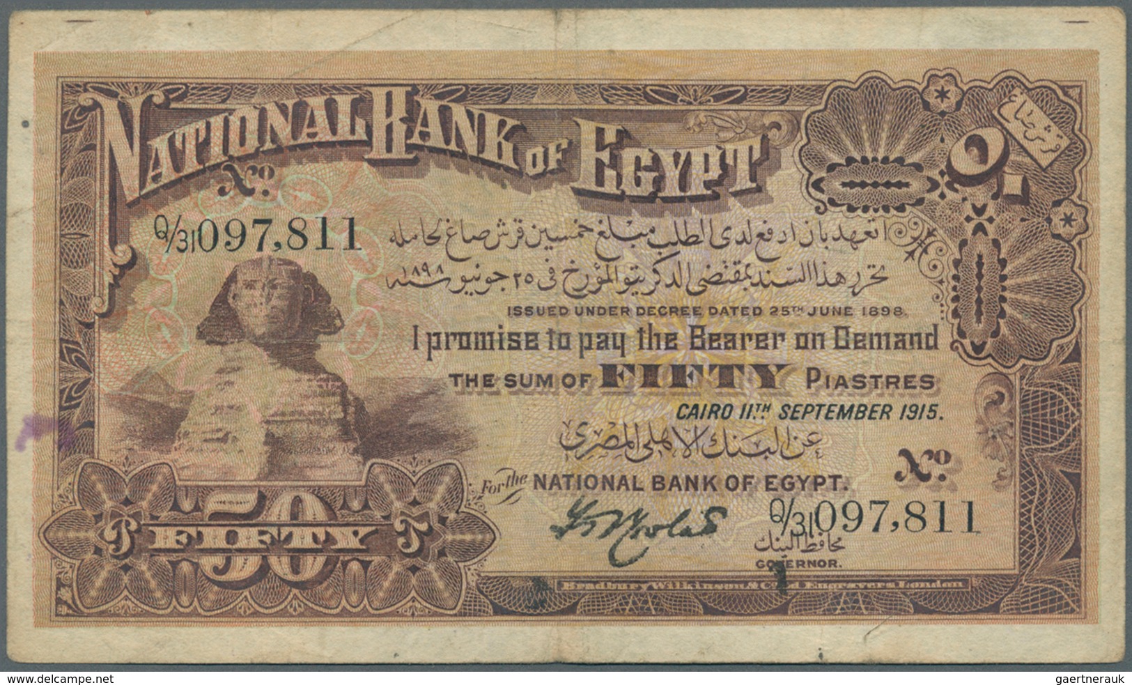 01392 Egypt / Ägypten:  National Bank Of Egypt 50 Piastres September 11th 1915, P.11, Lightly Toned Paper - Egypt