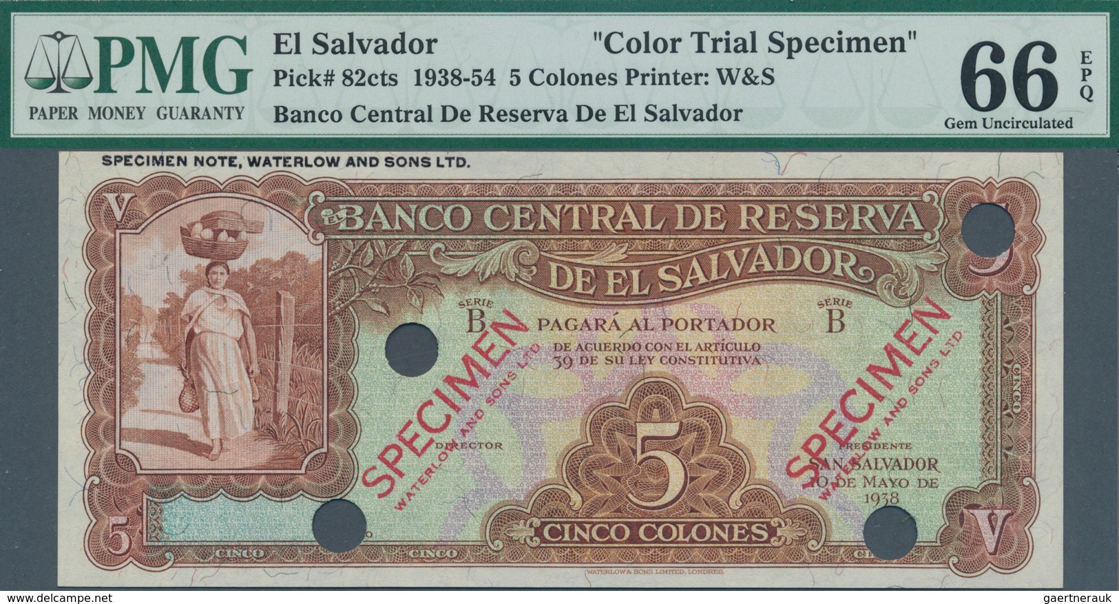 01401 El Salvador: Banco Central De Reserva De El Salvador 5 Colones 1938 Color Trial SPECIMEN By Waterlow - Salvador