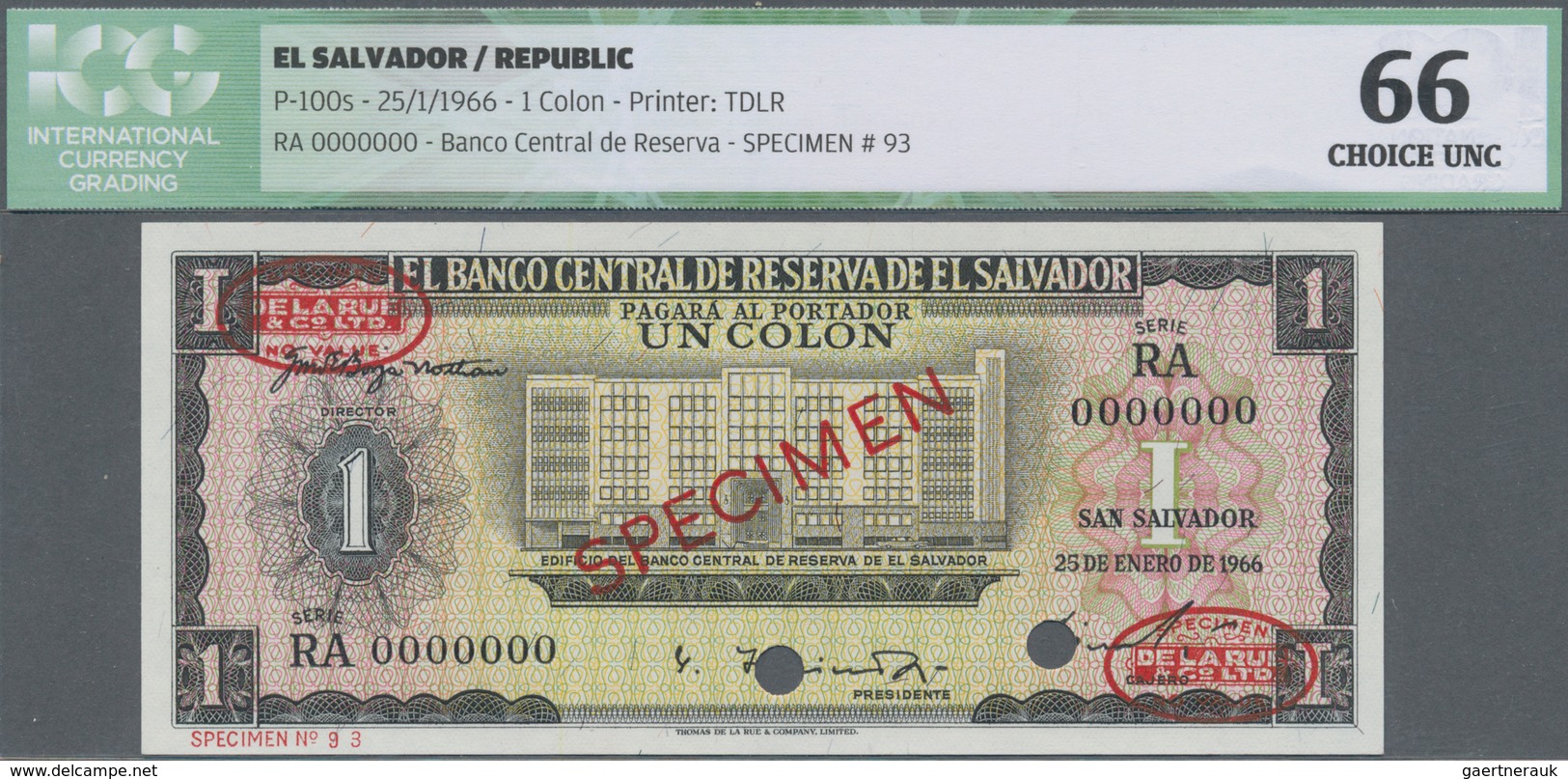 01402 El Salvador: 1 Colon 1966 De La Rue SPECIMEN, P.93s In Perfect Condition, ICG Graded 66 Choice UNC - El Salvador