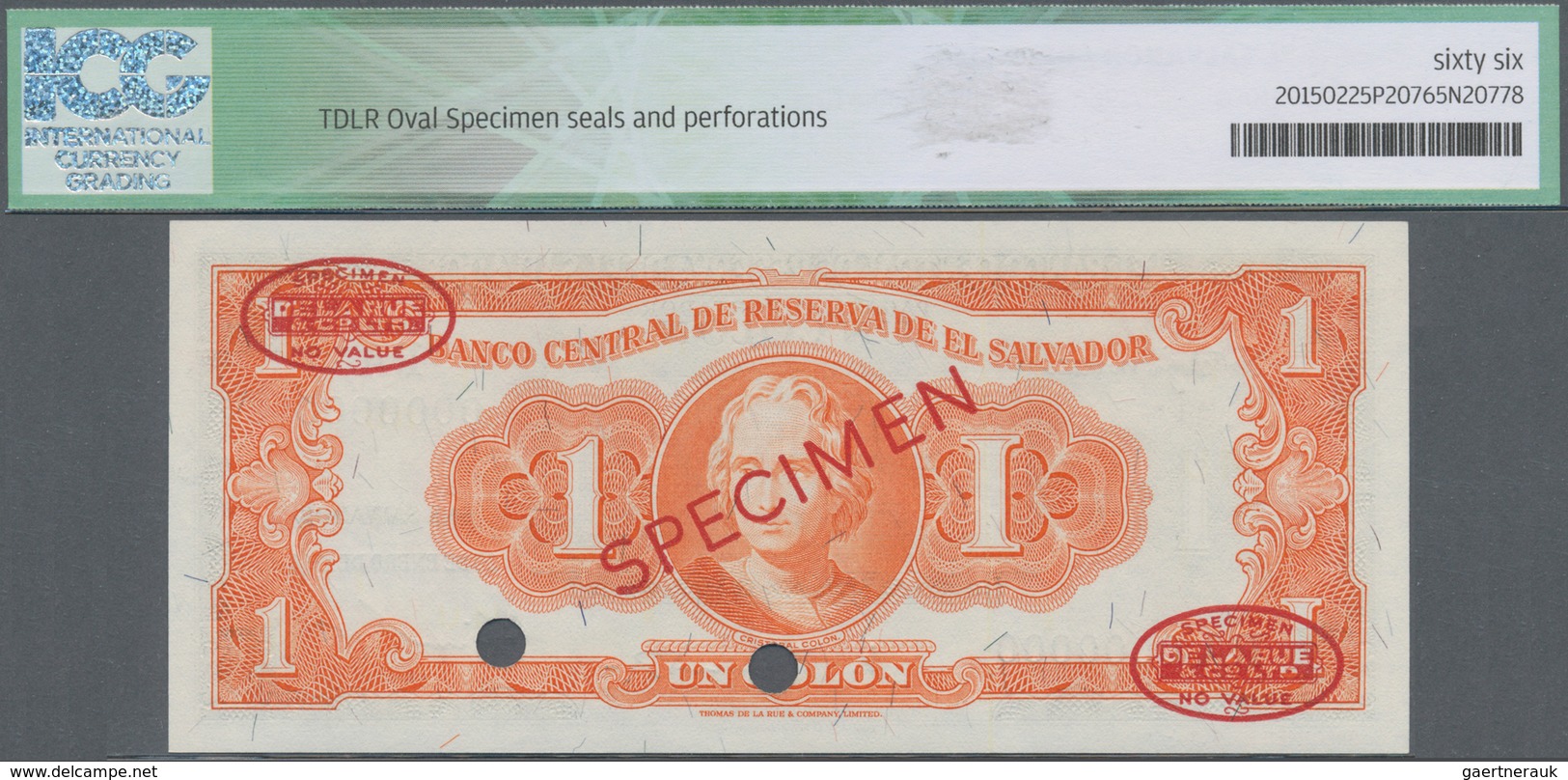 01402 El Salvador: 1 Colon 1966 De La Rue SPECIMEN, P.93s In Perfect Condition, ICG Graded 66 Choice UNC - El Salvador