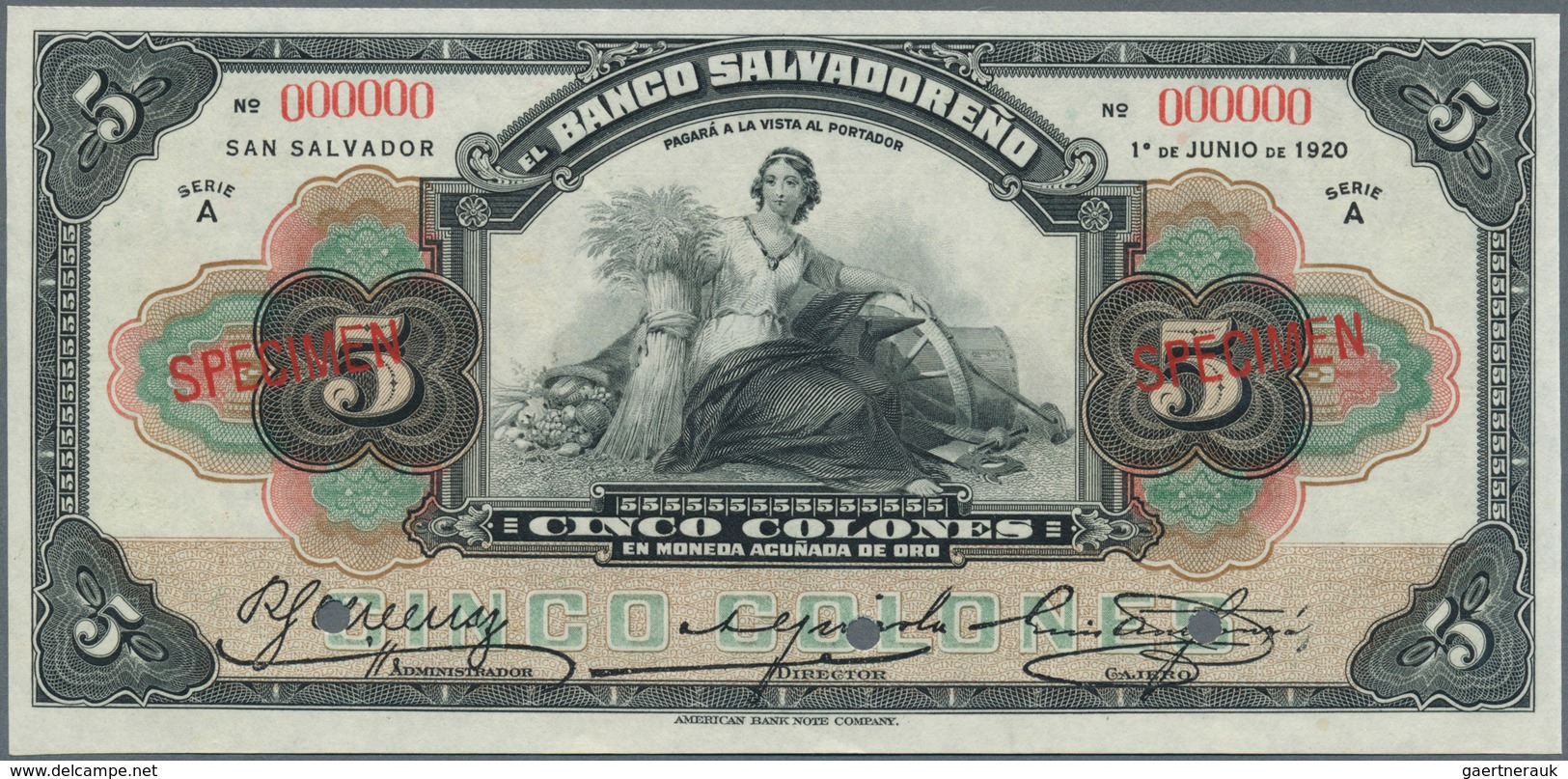 01403 El Salvador: Banco Salvadoreño 5 Colones 1920 SPECIMEN, P.S213s, Punch Hole Cancellation At Lower Ma - El Salvador