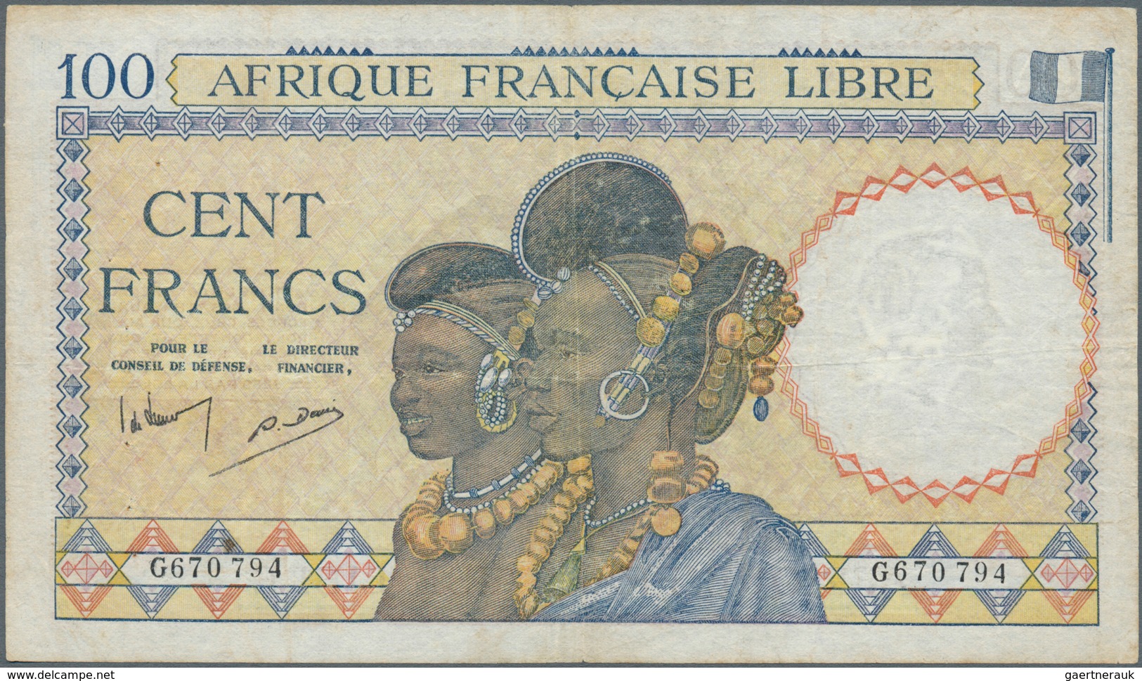 01406 Equatorial African States: 100 Francs ND Afrique Francaise Libre With Letter "G" = Cameroun, Light F - Andere - Afrika