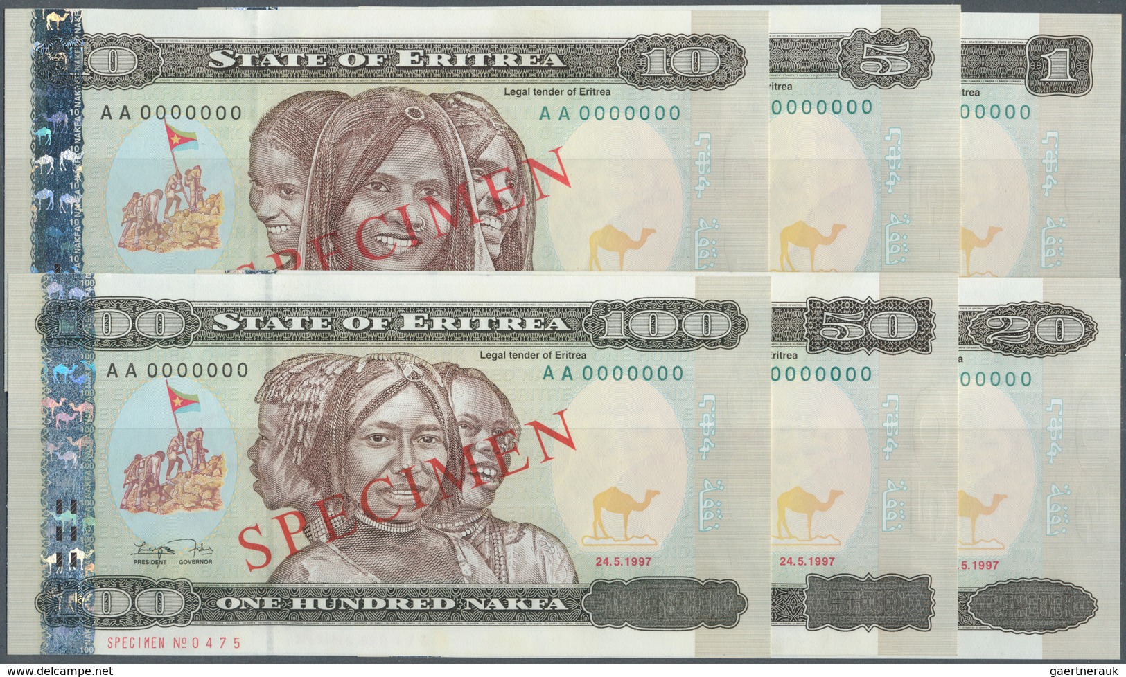 01407 Eritrea: Set Of 6 SPECIMEN Banknotes Eritrea From 1 To 100 Nakfa 1997 P. 1s To 6s, All With Zero Ser - Erythrée