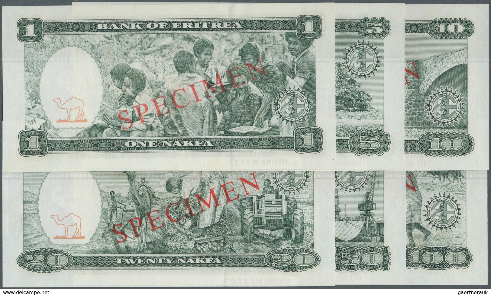 01407 Eritrea: Set Of 6 SPECIMEN Banknotes Eritrea From 1 To 100 Nakfa 1997 P. 1s To 6s, All With Zero Ser - Erythrée