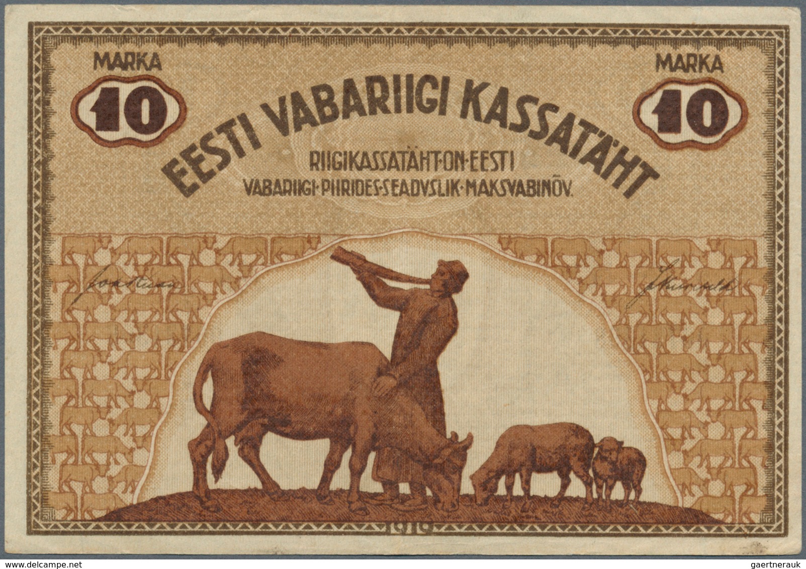 01408 Estonia / Estland: 10 Marka 1919 P. 46, Light Center Fold And Light Handling In Paper, No Holes Or T - Estonia