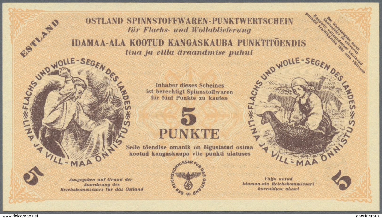 01409 Estonia / Estland: Ostland Spinnstoffwaren-Punktwertschein 1 Und 5 Punkte ND(1939-45), P.NL Without - Estland