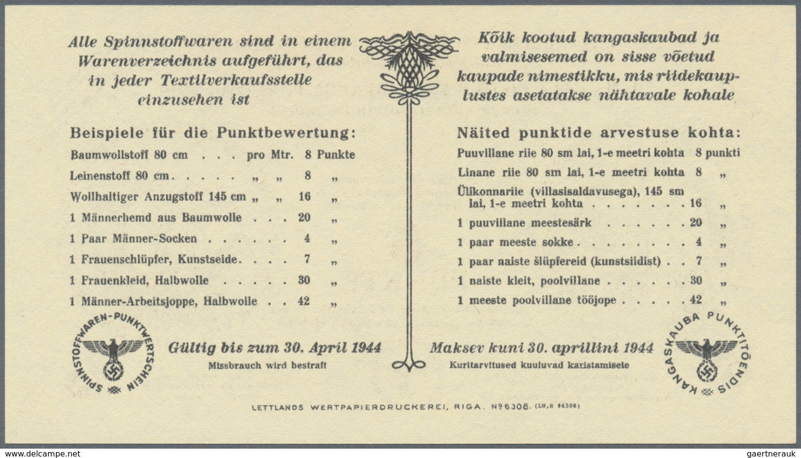 01409 Estonia / Estland: Ostland Spinnstoffwaren-Punktwertschein 1 Und 5 Punkte ND(1939-45), P.NL Without - Estonia