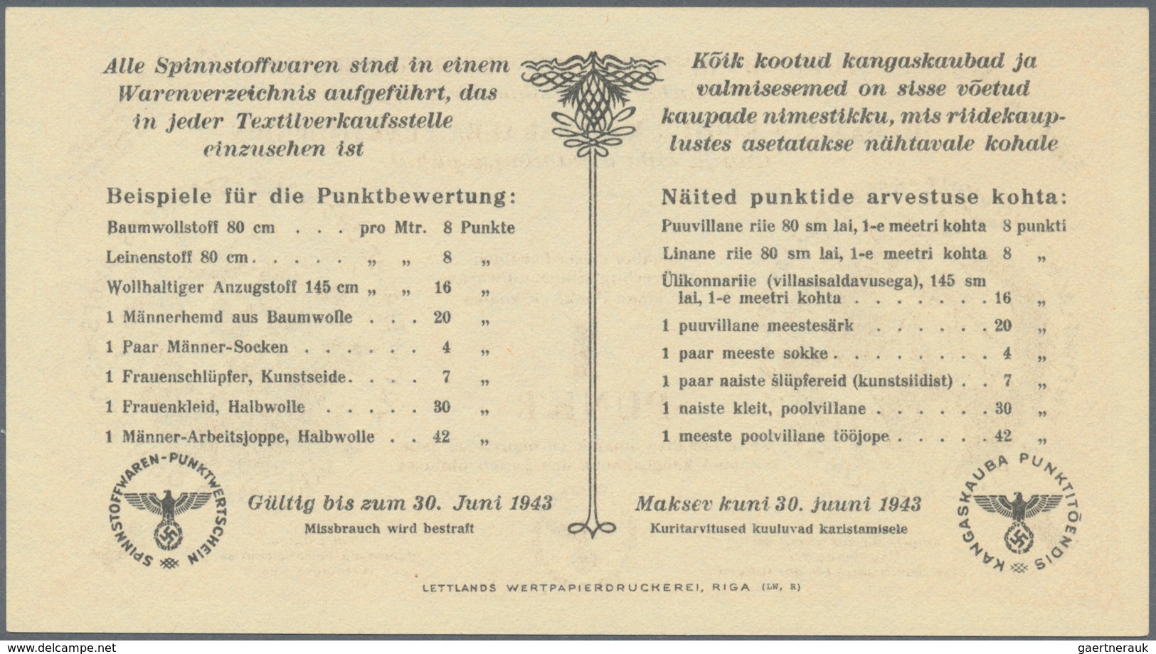 01409 Estonia / Estland: Ostland Spinnstoffwaren-Punktwertschein 1 Und 5 Punkte ND(1939-45), P.NL Without - Estland