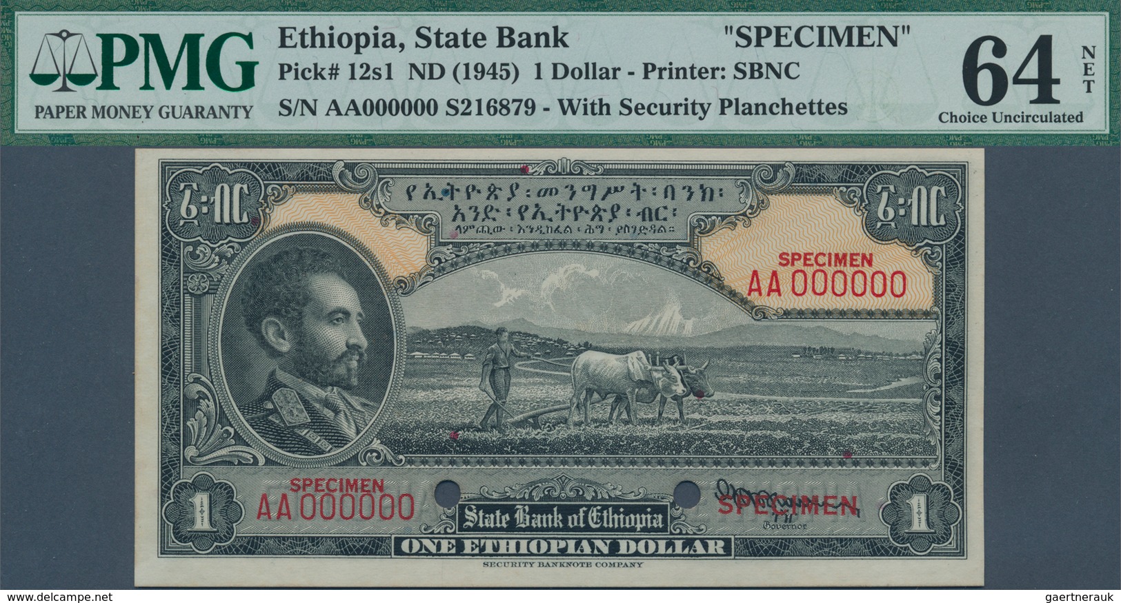 01412 Ethiopia / Äthiopien: 1 Dollar ND(1945) Specimen P. 12s, With Front And Back Separately Printed, Bot - Etiopia