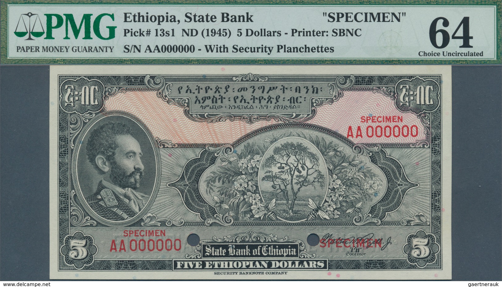 01414 Ethiopia / Äthiopien: 10 Dollars ND(1945) Specimen P. 13s, Condition: PMG Graded 64 Choice UNC. - Etiopía