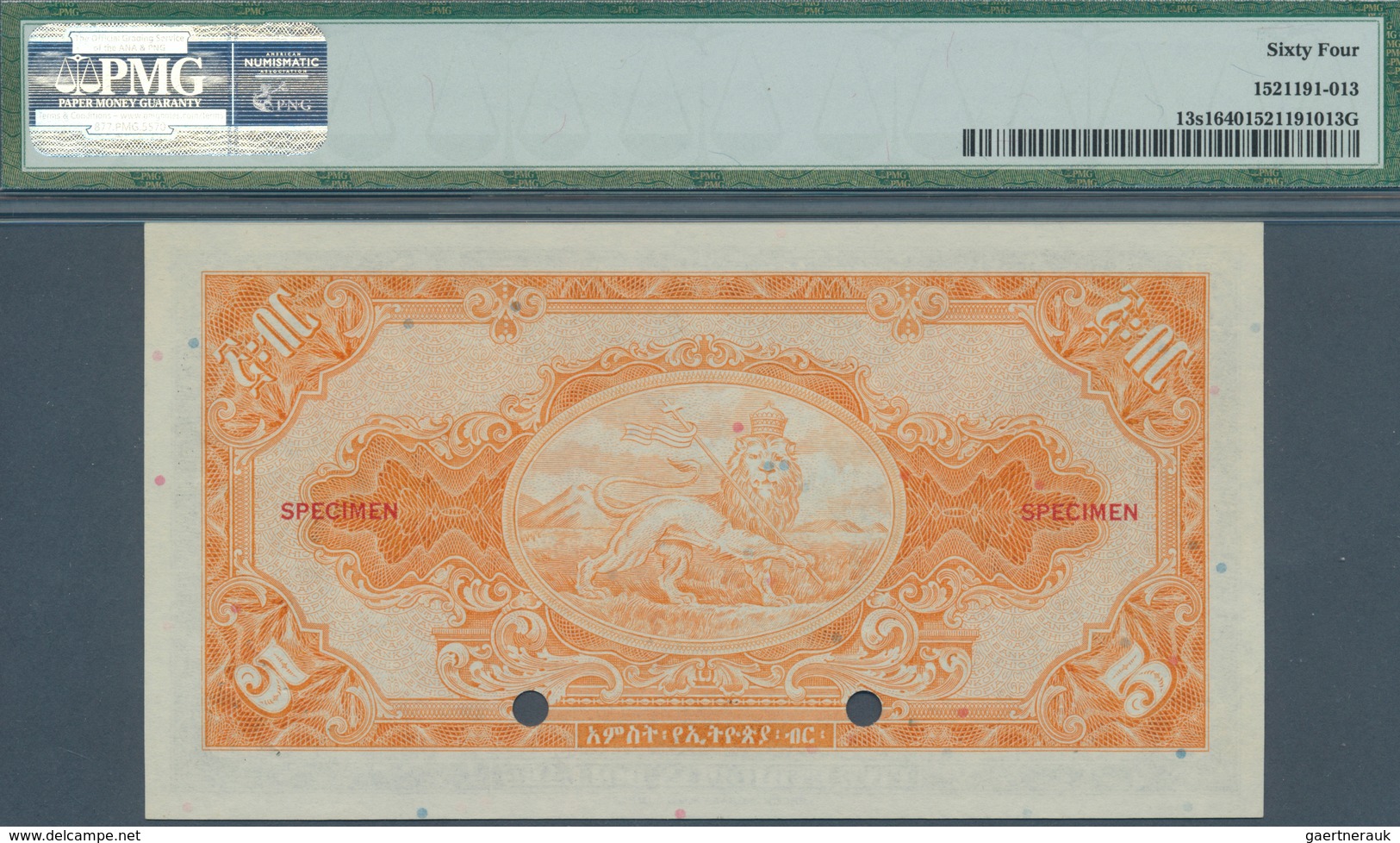 01414 Ethiopia / Äthiopien: 10 Dollars ND(1945) Specimen P. 13s, Condition: PMG Graded 64 Choice UNC. - Ethiopia