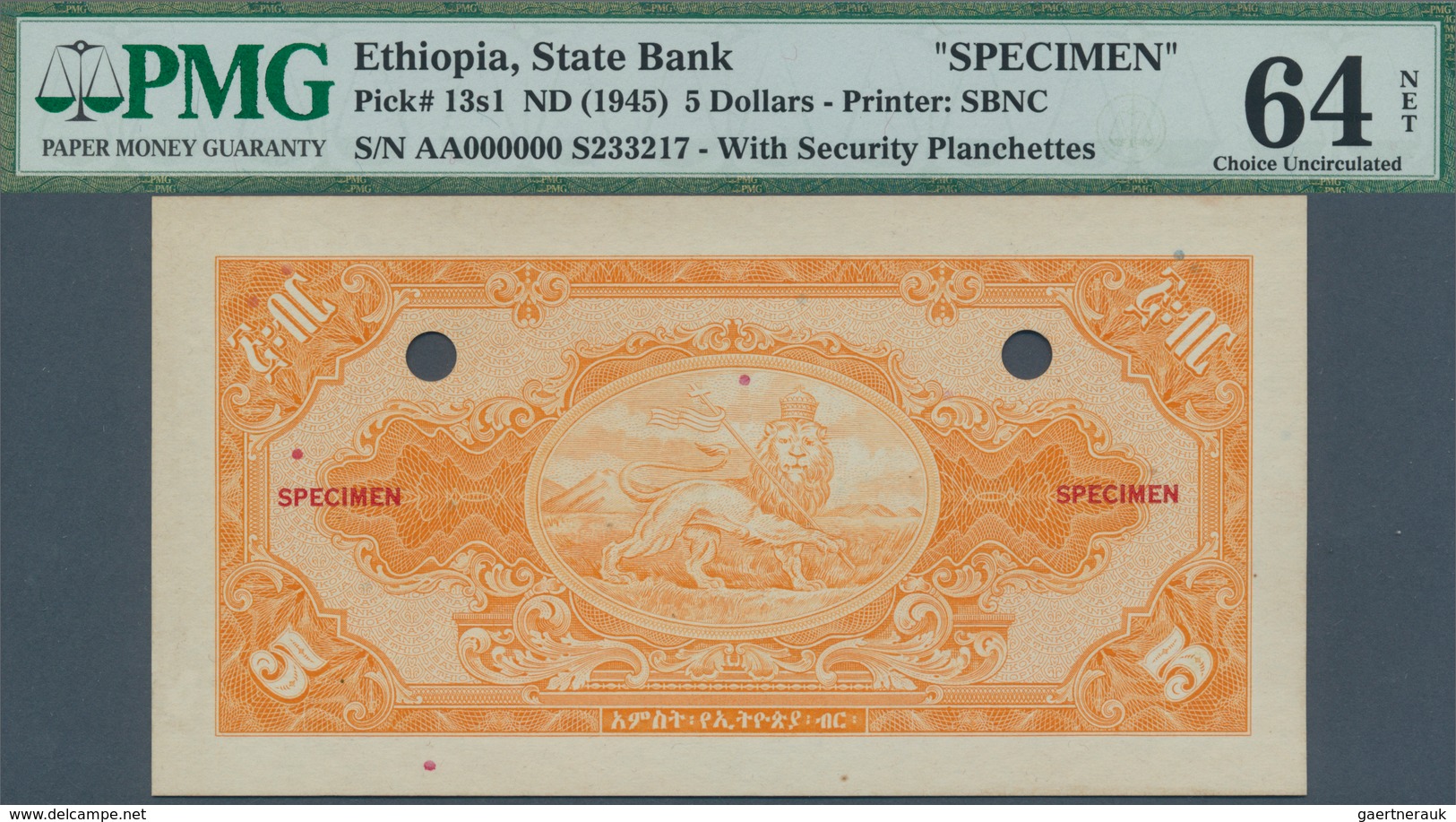 01415 Ethiopia / Äthiopien: 5 Dollars ND(1945) Specimen P. 13s, With Front And Back Separately Printed, Bo - Etiopia