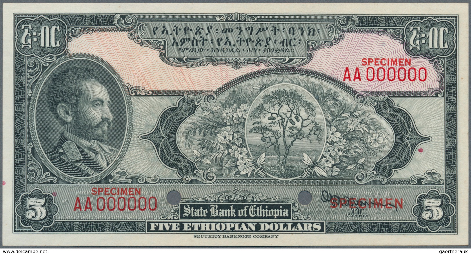 01415 Ethiopia / Äthiopien: 5 Dollars ND(1945) Specimen P. 13s, With Front And Back Separately Printed, Bo - Ethiopia