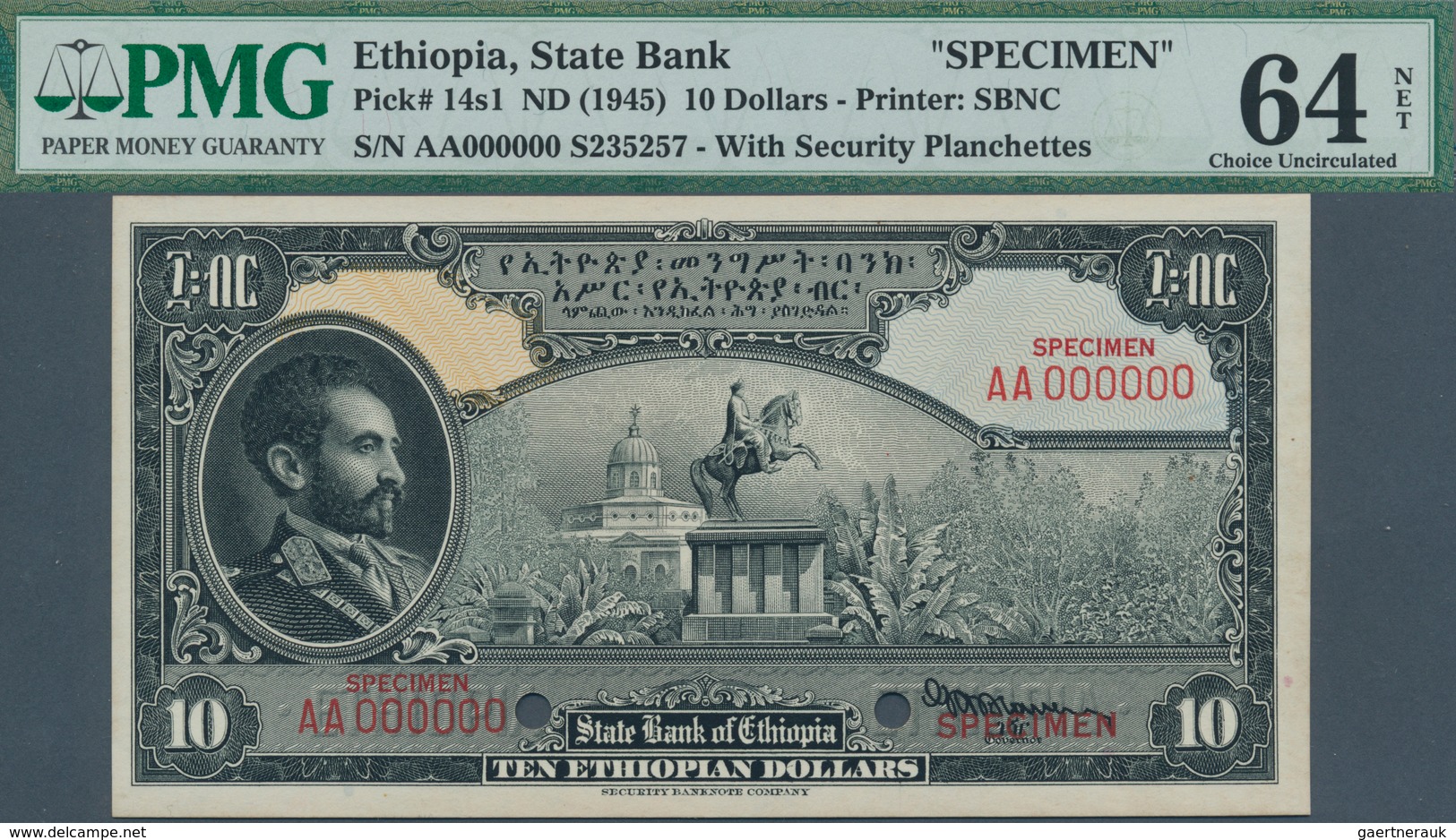 01416 Ethiopia / Äthiopien: 10 Dollars ND(1945) Specimen P. 14s, With Front And Back Separately Printed, B - Ethiopia