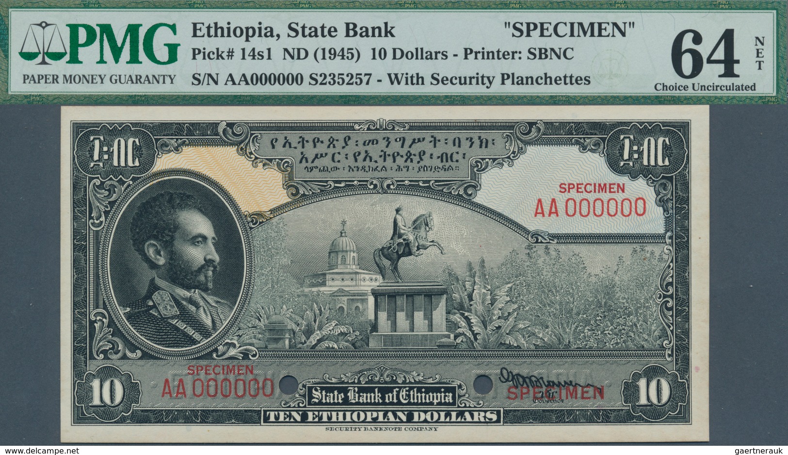 01416 Ethiopia / Äthiopien: 10 Dollars ND(1945) Specimen P. 14s, With Front And Back Separately Printed, B - Etiopía