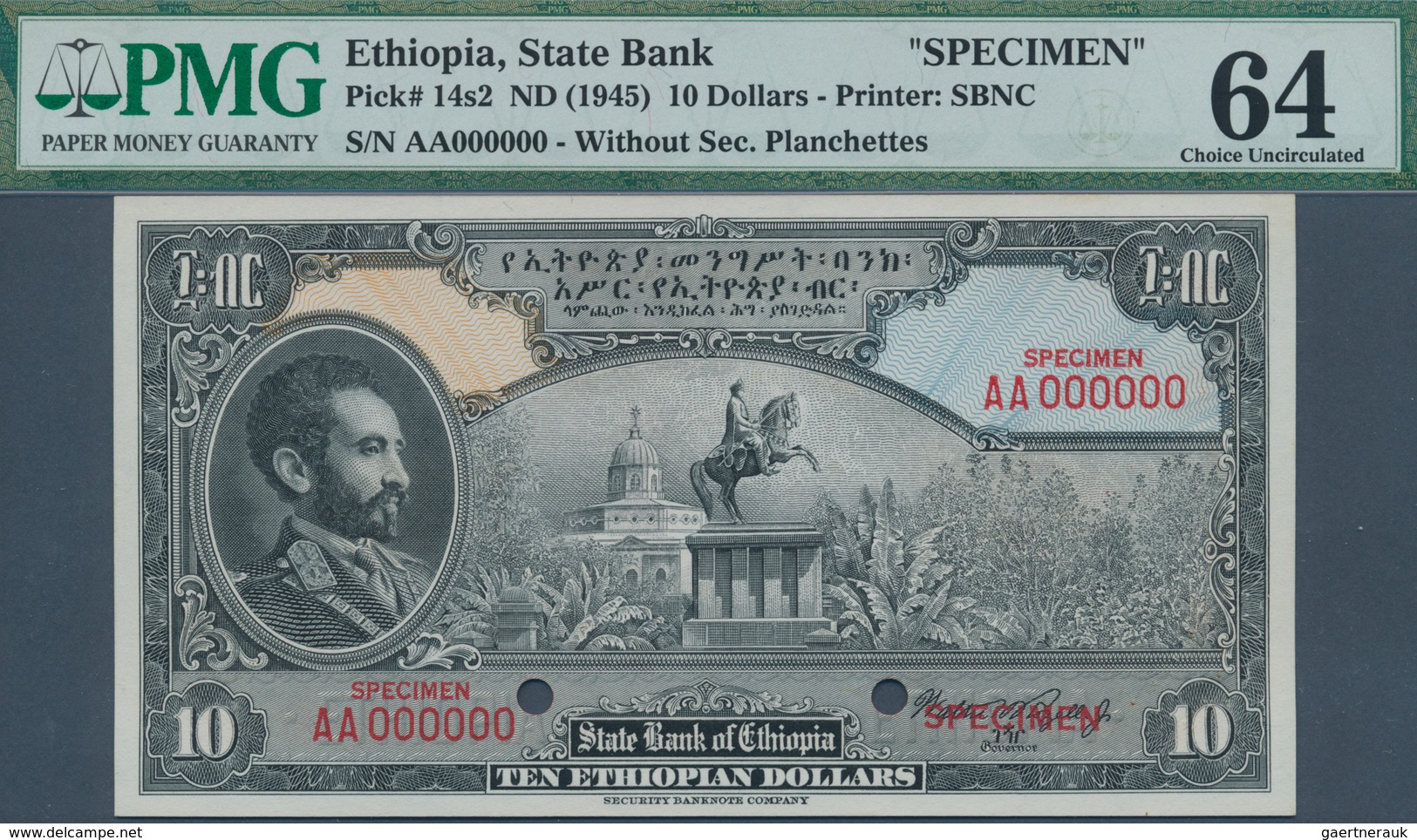 01417 Ethiopia / Äthiopien: 10 Dollars ND(1945) Specimen P. 14s, Condition: PMG Graded 64 Choice UNC. - Ethiopië