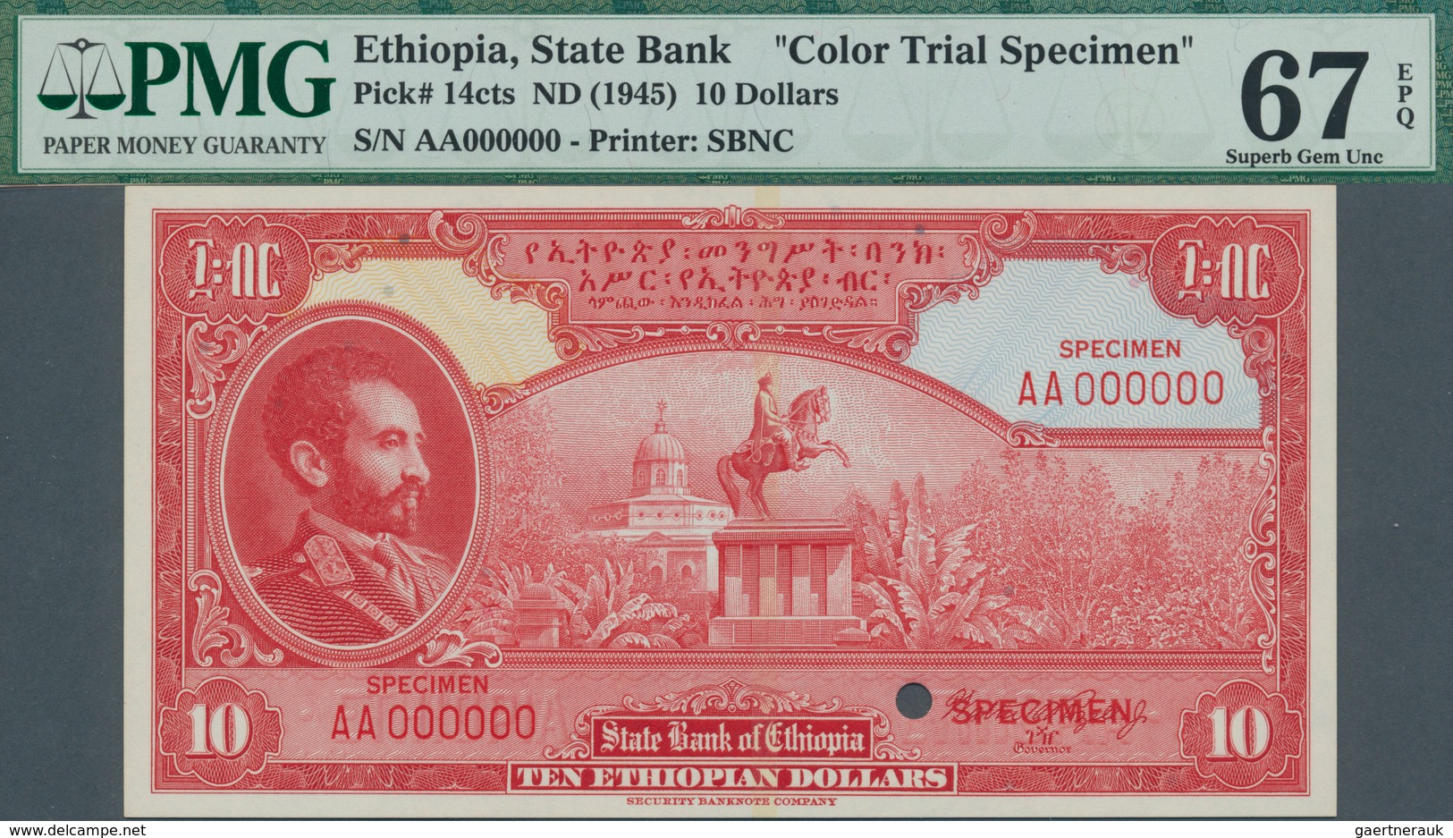 01418 Ethiopia / Äthiopien: 10 Dollars ND(1945) Color Trial Specimen P. 14cts, Uniface Front Print, Condit - Ethiopië