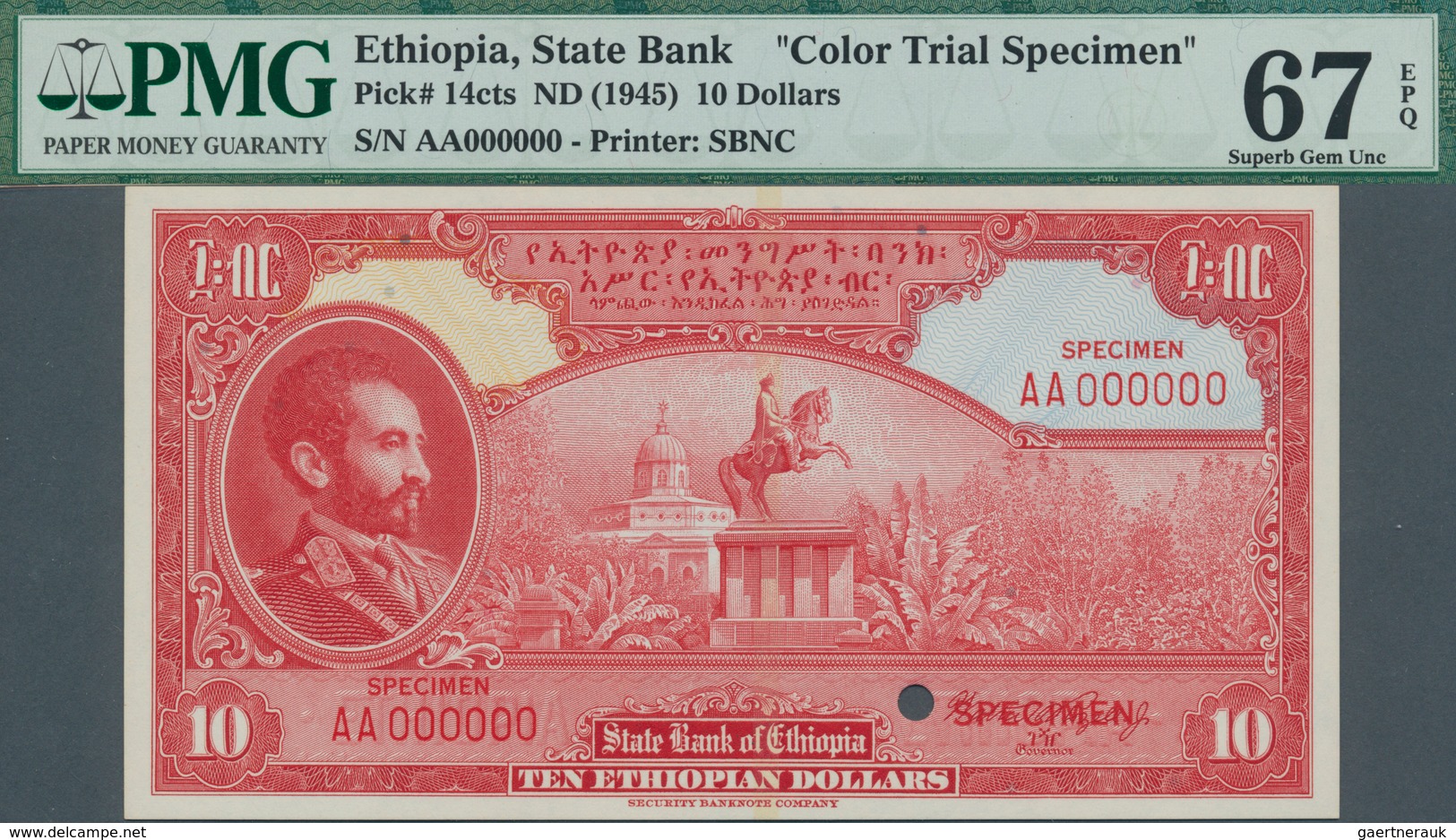 01418 Ethiopia / Äthiopien: 10 Dollars ND(1945) Color Trial Specimen P. 14cts, Uniface Front Print, Condit - Etiopía