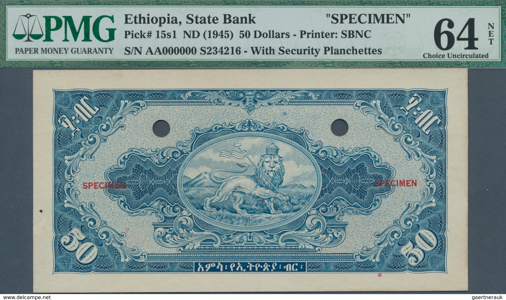 01419 Ethiopia / Äthiopien: 50 Dollars ND(1945) Specimen P. 15s, With Front And Back Separately Printed, B - Ethiopia