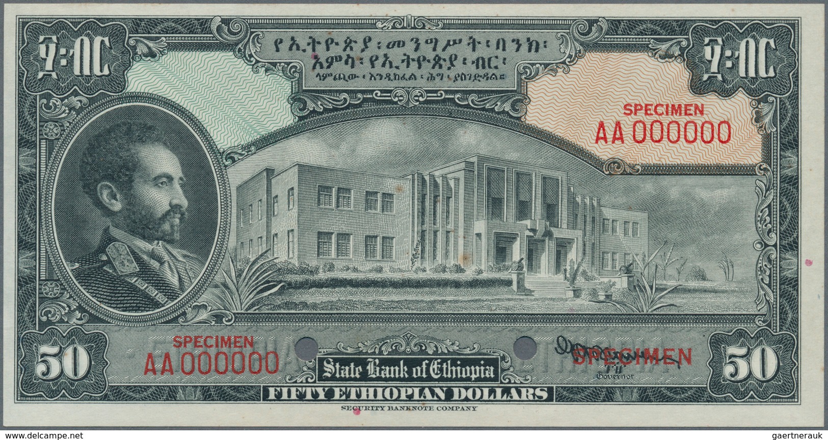 01419 Ethiopia / Äthiopien: 50 Dollars ND(1945) Specimen P. 15s, With Front And Back Separately Printed, B - Ethiopië