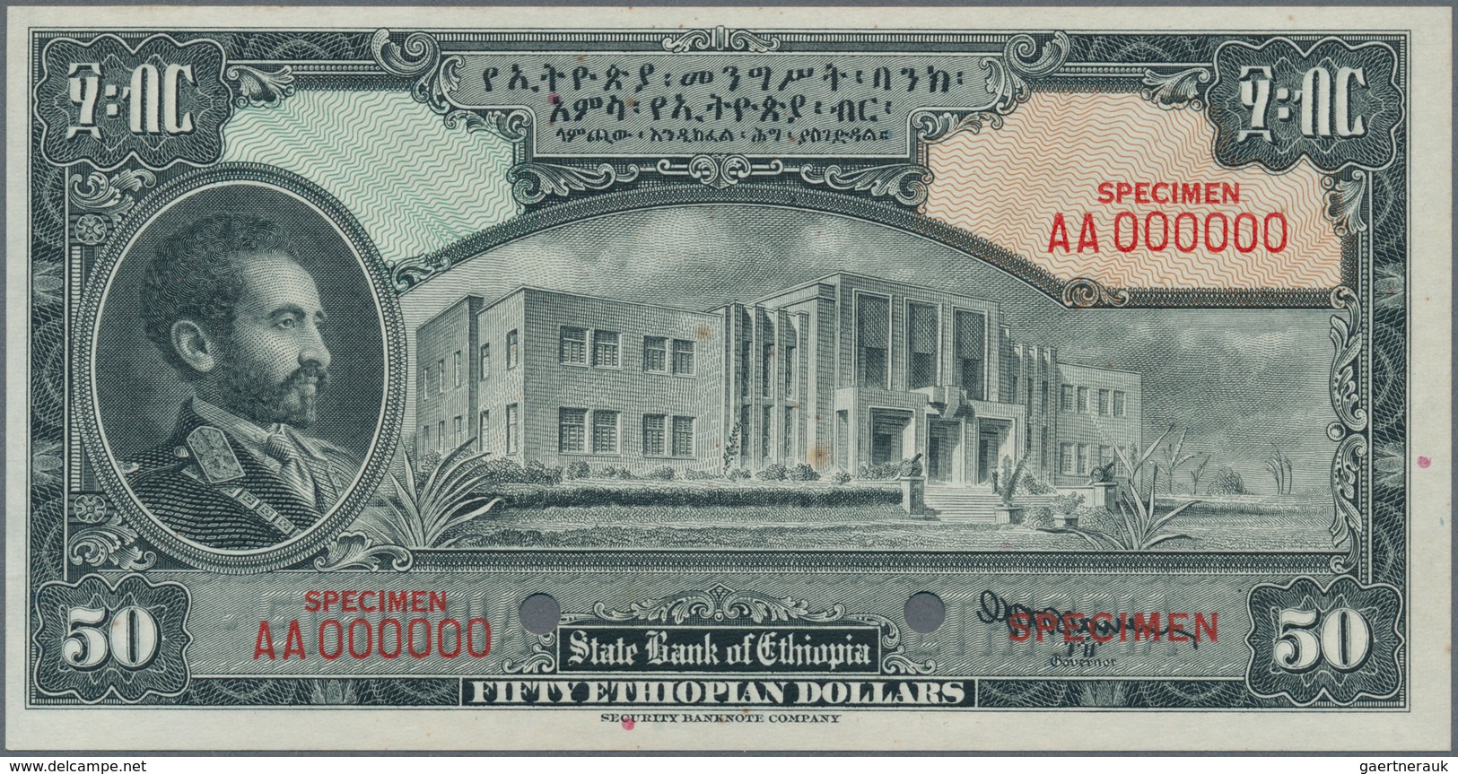 01419 Ethiopia / Äthiopien: 50 Dollars ND(1945) Specimen P. 15s, With Front And Back Separately Printed, B - Etiopía