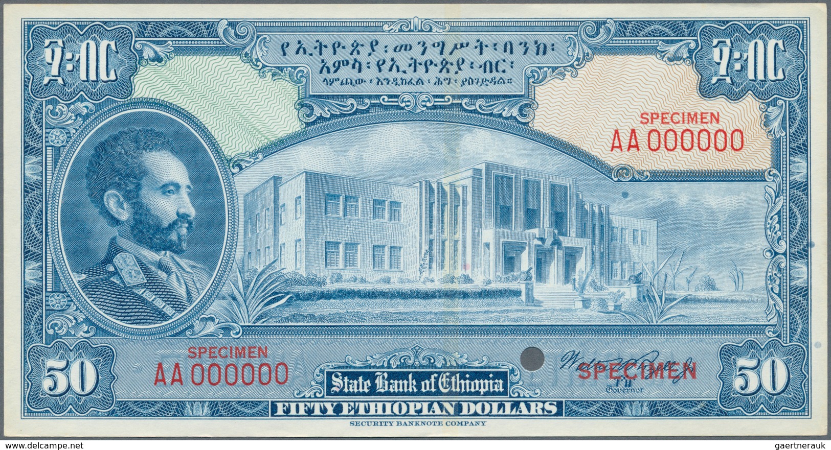 01420 Ethiopia / Äthiopien: 50 Dollars ND(1945) With Signature: Rozell, Color Trial Specimen Intaglio Prin - Etiopia