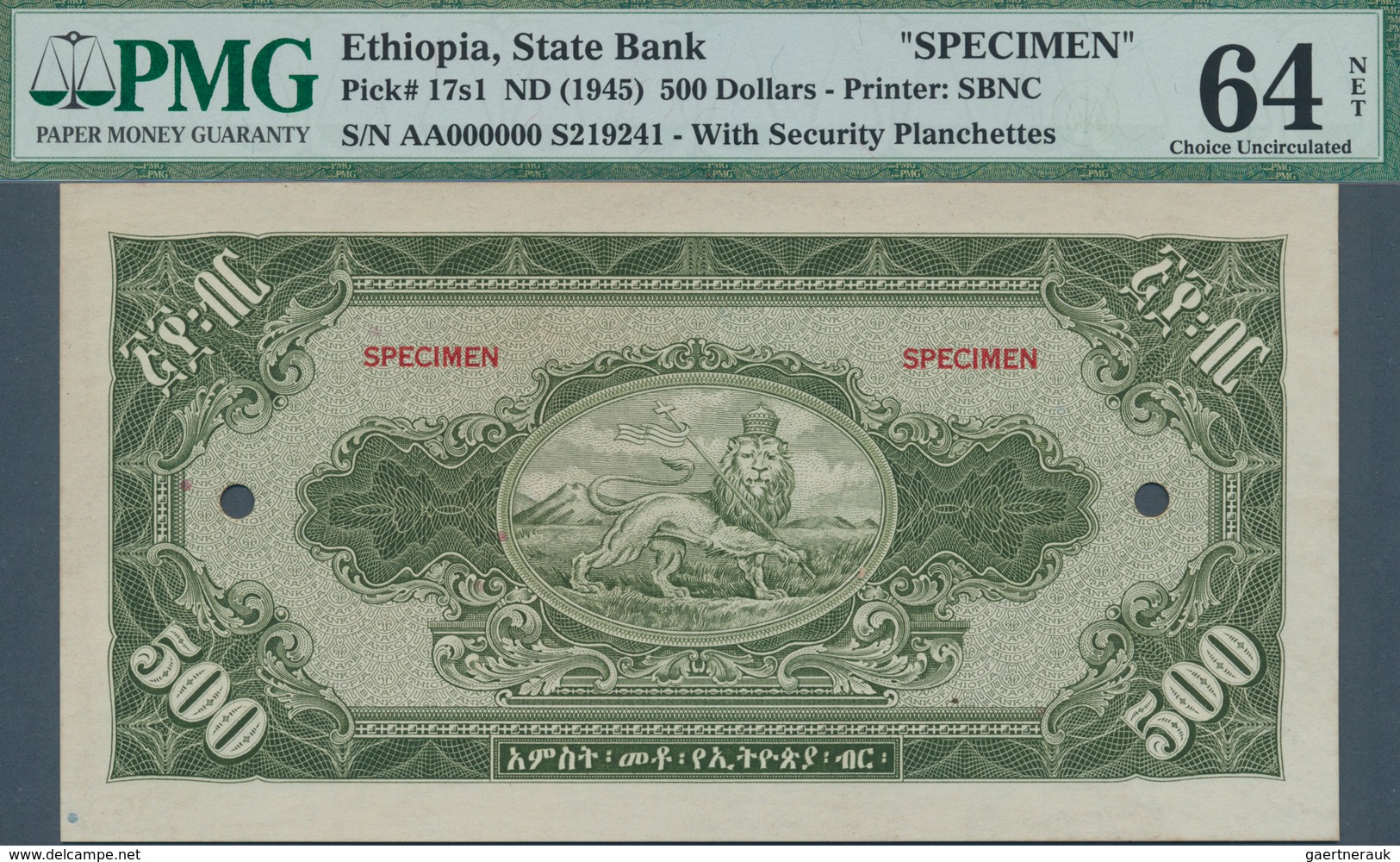 01421 Ethiopia / Äthiopien: 500 Dollars ND(1945) Specimen P. 17s, With Front And Back Separately Printed, - Etiopía