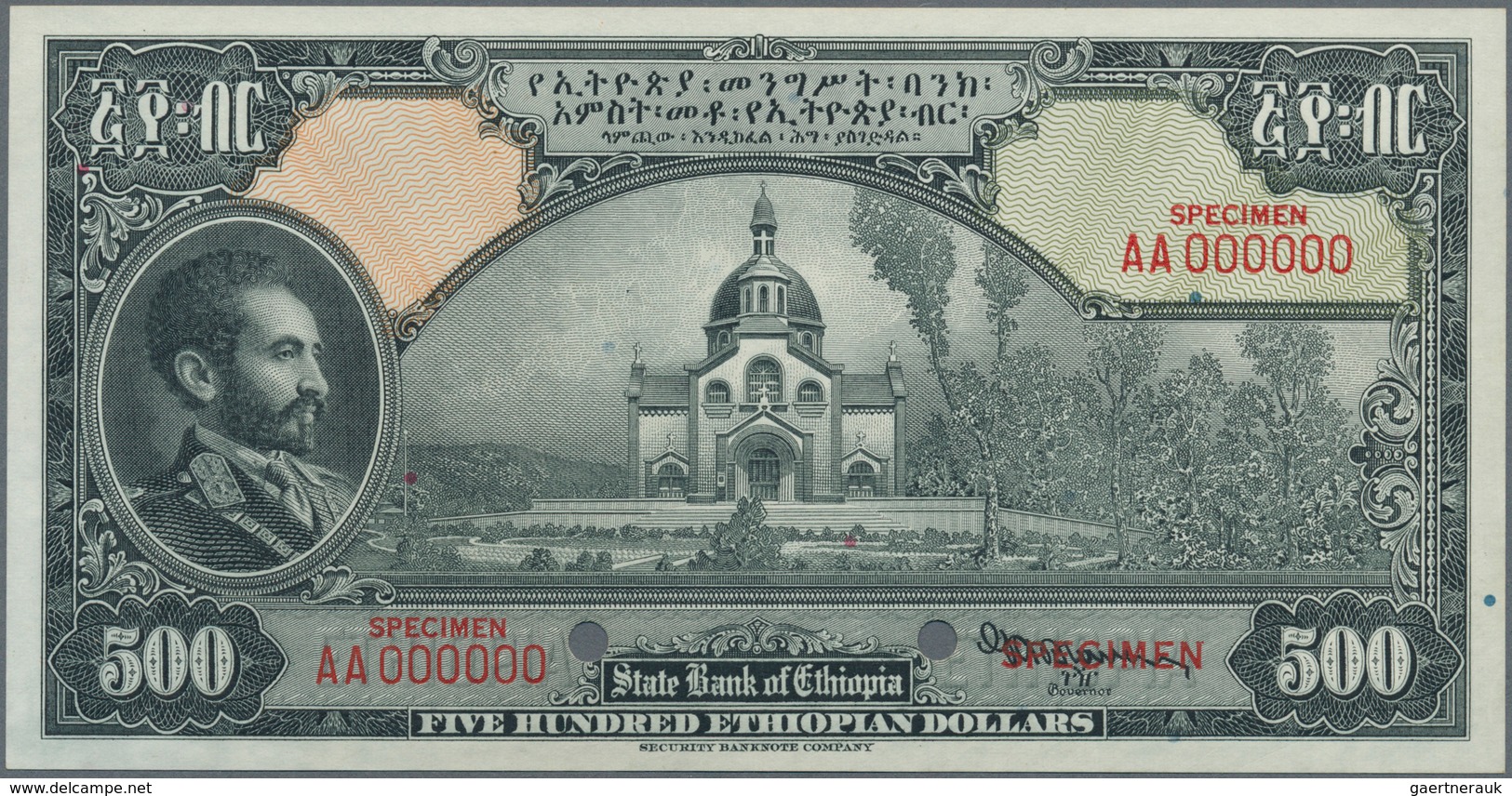 01421 Ethiopia / Äthiopien: 500 Dollars ND(1945) Specimen P. 17s, With Front And Back Separately Printed, - Ethiopië