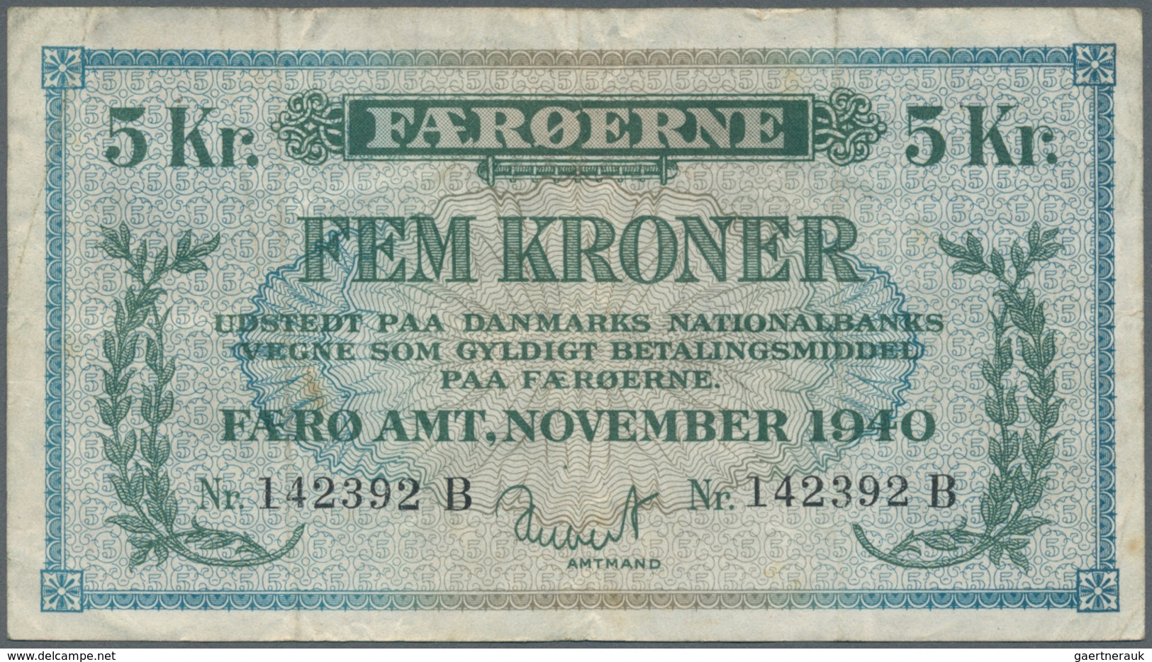 01428 Faeroe Islands / Färöer: 5 Kroner 1940 P. 10, Several Vertical Folds But No Holes Or Tears, Paper St - Faroe Islands