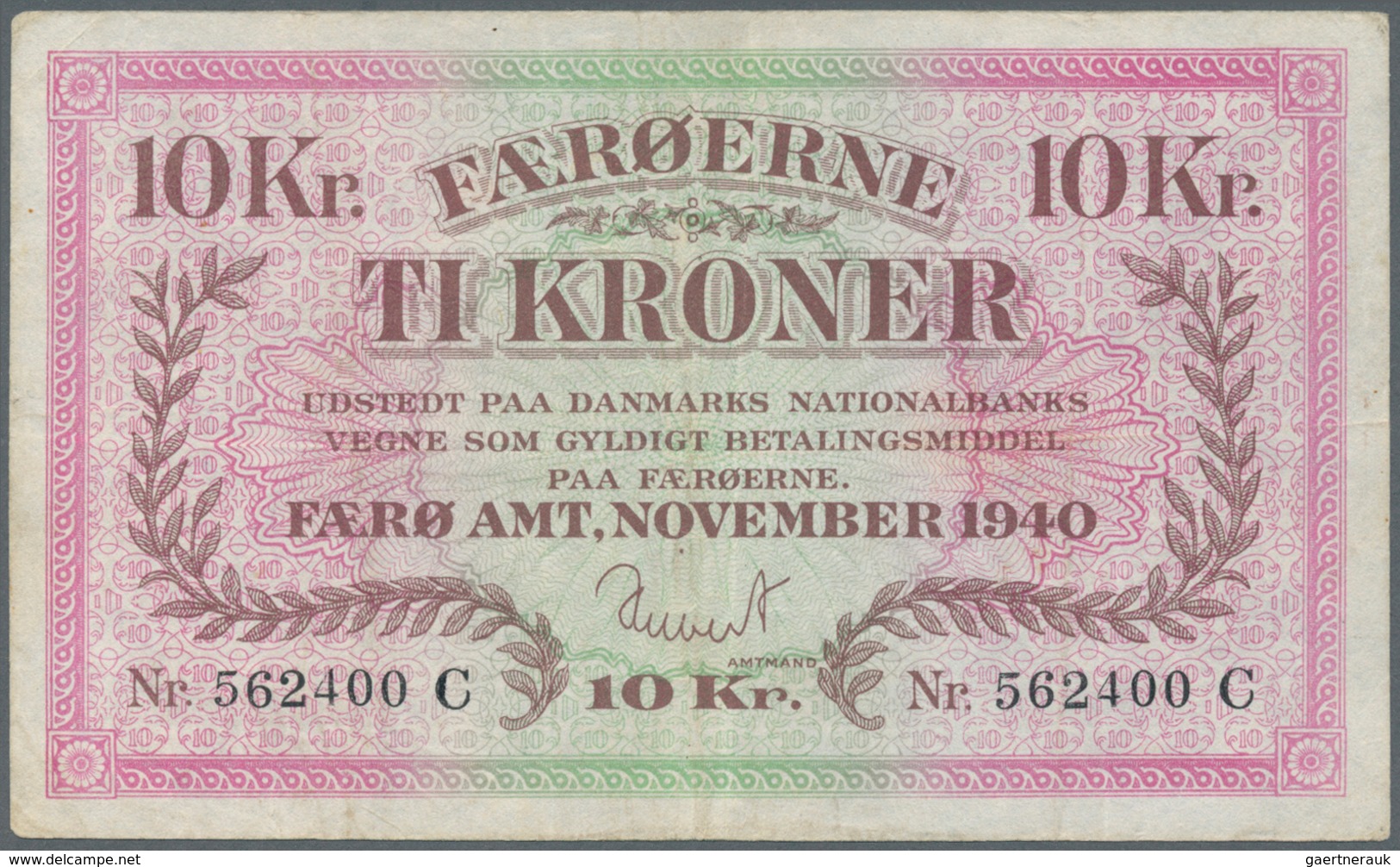 01429 Faeroe Islands / Färöer: 10 Kroner 1940 P. 11a, Pressed, Traces Of Former Folds Especially Visible O - Isole Faroer