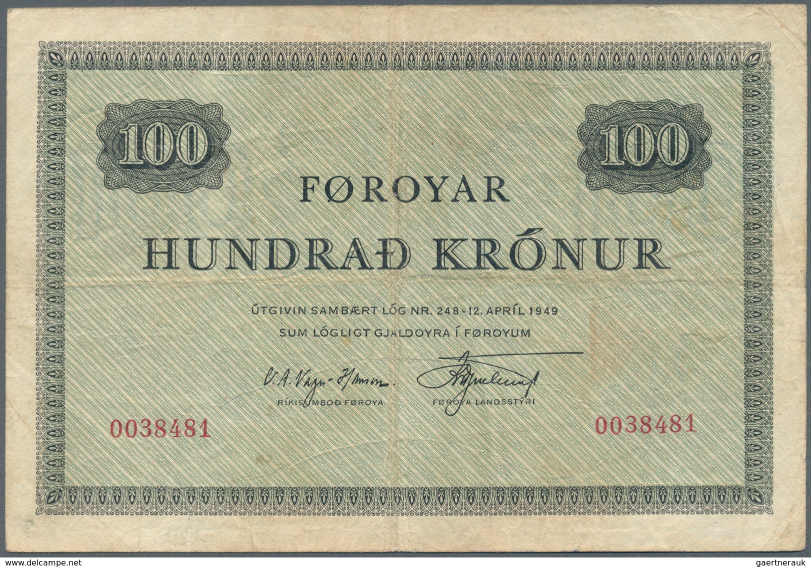 01431 Faeroe Islands / Färöer: 100 Kronur ND(1952-53) P. 15a, Vertical And Horizontal Folds, No Holes Or T - Islas Faeroes