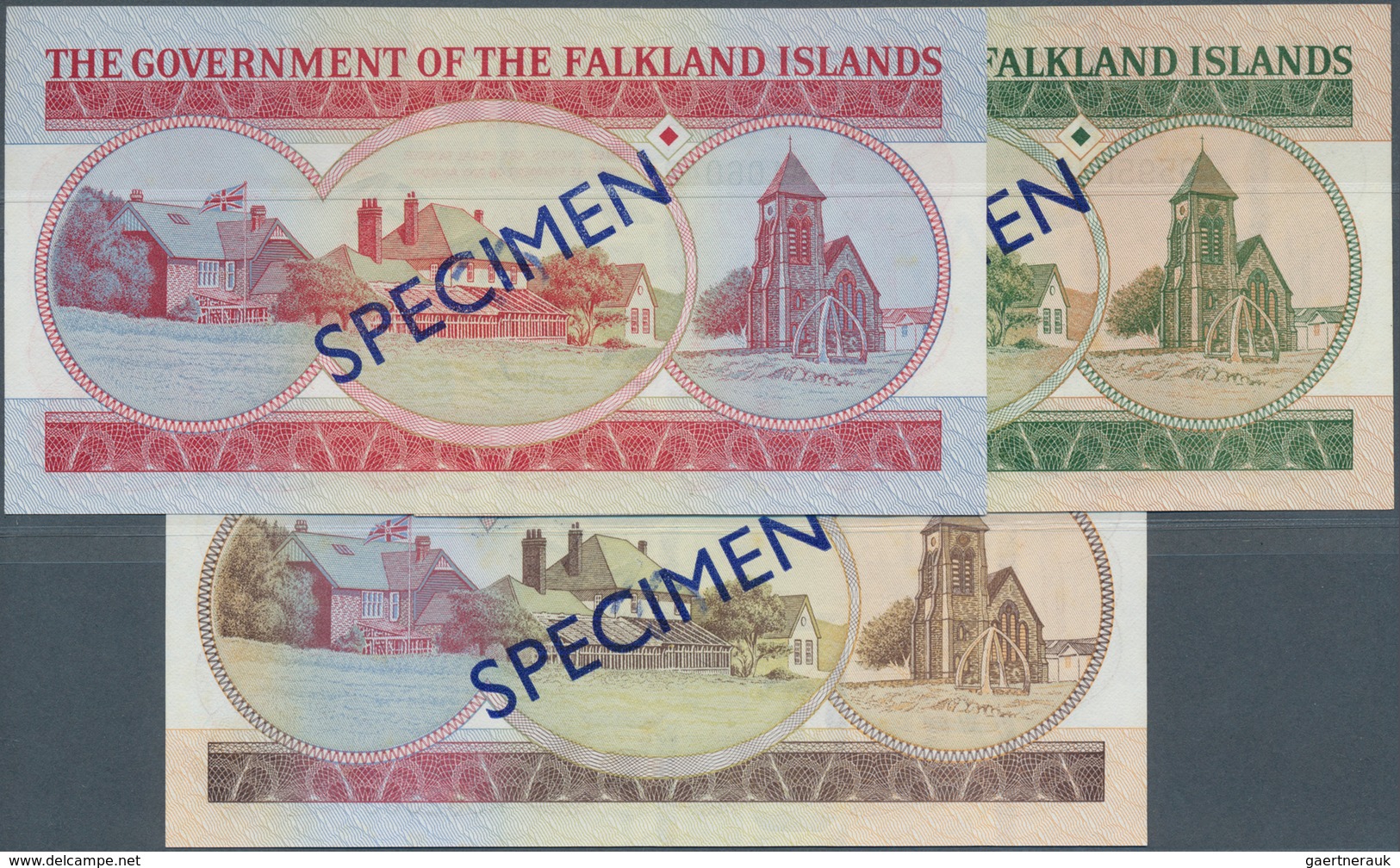 01440 Falkland Islands / Falkland Inseln: Set Of 3 SPECIMEN Banknotes Containing 5 Pounds 1983 P. 12s, 10 - Isole Falkland