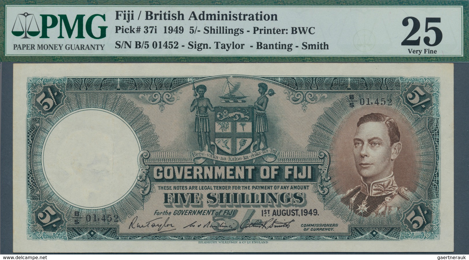 01442 Fiji: 5 Shillings 1949 P. 37i, Condition: PMG Graded 25 VF. - Fiji