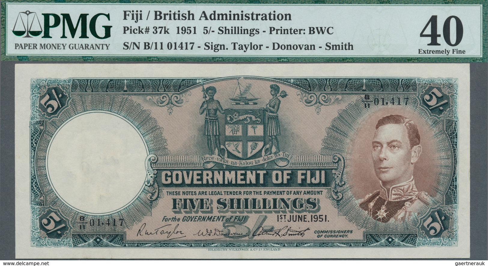 01443 Fiji: 5 Shillings June 1st 1951 With Signatures: Taylor / Donovan / Smith, P.37k, Excellent Conditio - Figi