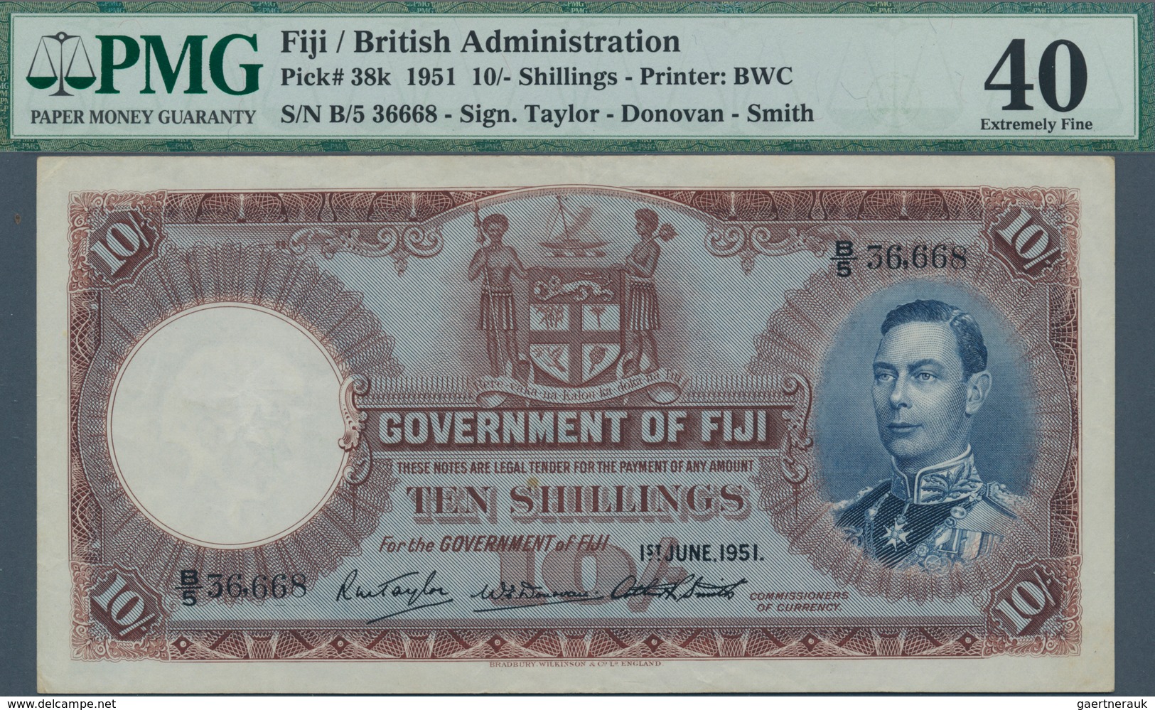 01444 Fiji: 10 Shillings 1951 P. 38k, Condition: PMG Graded 40 XF. - Fiji