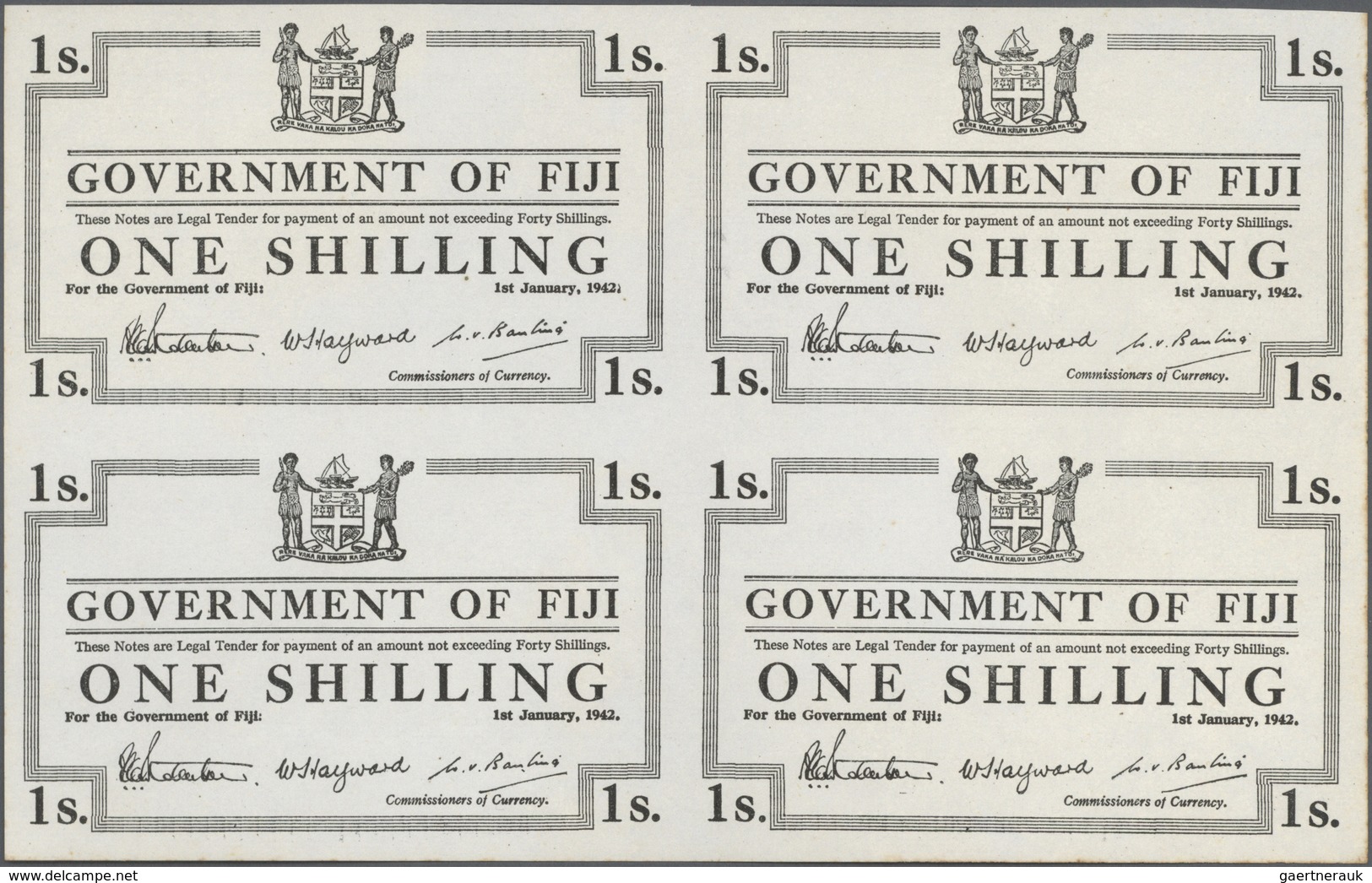 01445 Fiji: Uncut Sheet Of 4 Notes 1 Shilling 1942, P.49a With A Few Brownish Spots Along The Borders, Oth - Fiji