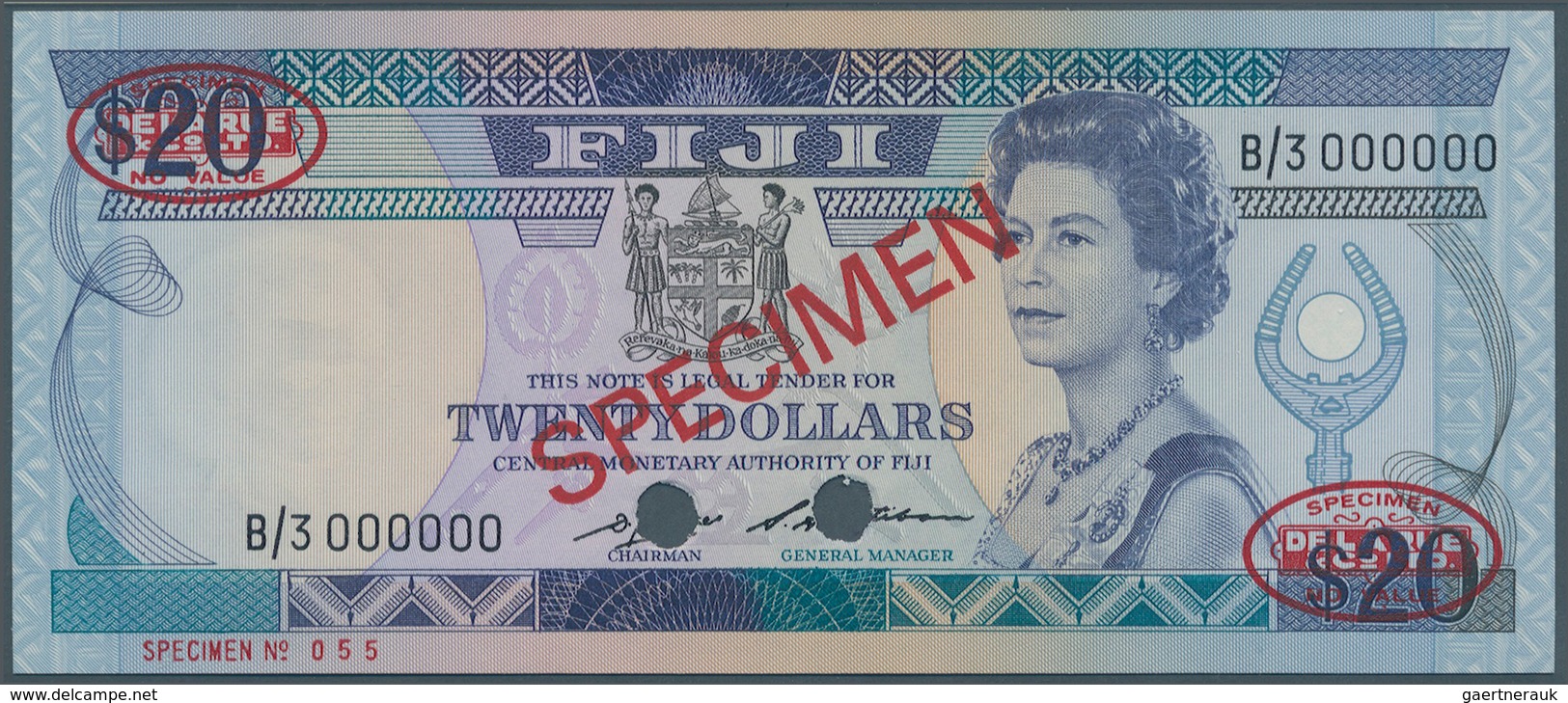 01450 Fiji: 20 Dollars ND(1986) SPECIMEN, P.85s1 With Ovpt. Specimen, Cancellation Holes At Lower Center, - Fiji