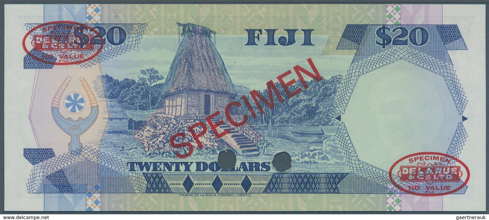 01450 Fiji: 20 Dollars ND(1986) SPECIMEN, P.85s1 With Ovpt. Specimen, Cancellation Holes At Lower Center, - Fiji