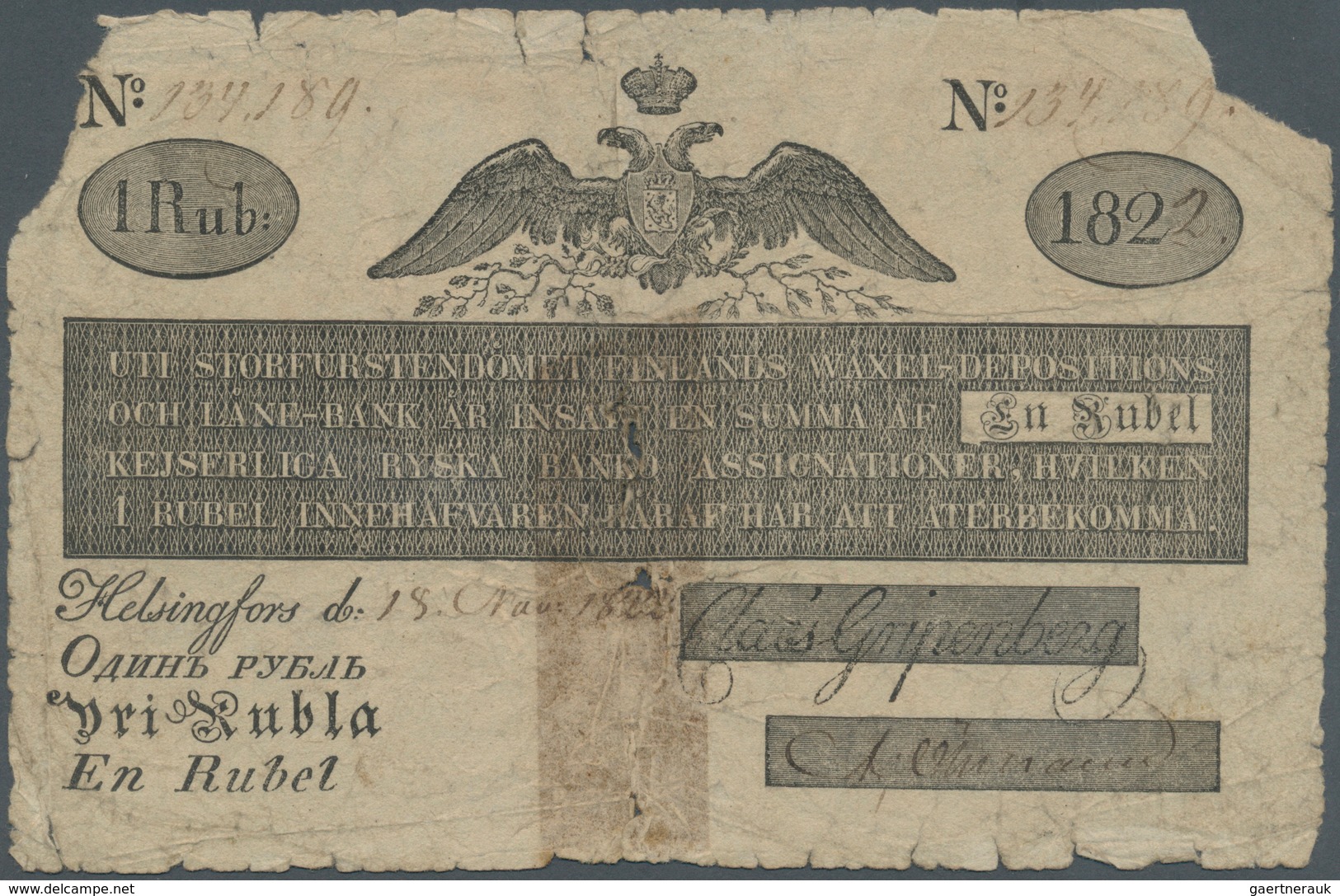 01451 Finland / Finnland: 1 Ruble 1822 P. A27a, Stronger Used Note With Missing Parts At Upper Left And Ri - Finlandia